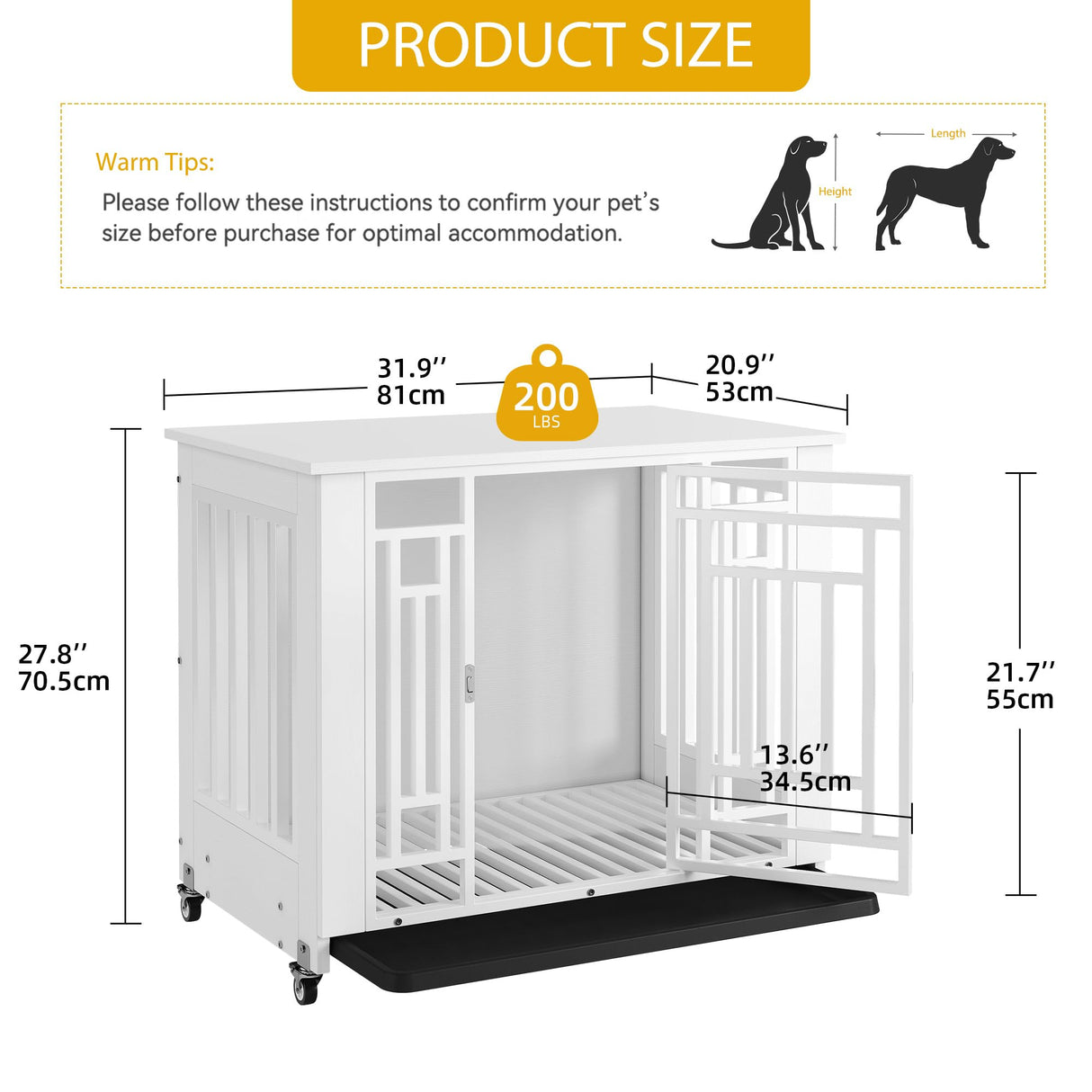 DWVO Dog Crate Furniture with Wheels, 32 Inch Dog Kennel Indoor Heavy Duty End Table Dog Crate for Small Medium Dogs, Decorative Wooden Dog Cage Table with Removable Tray, Chew-Resistant, White DWVO