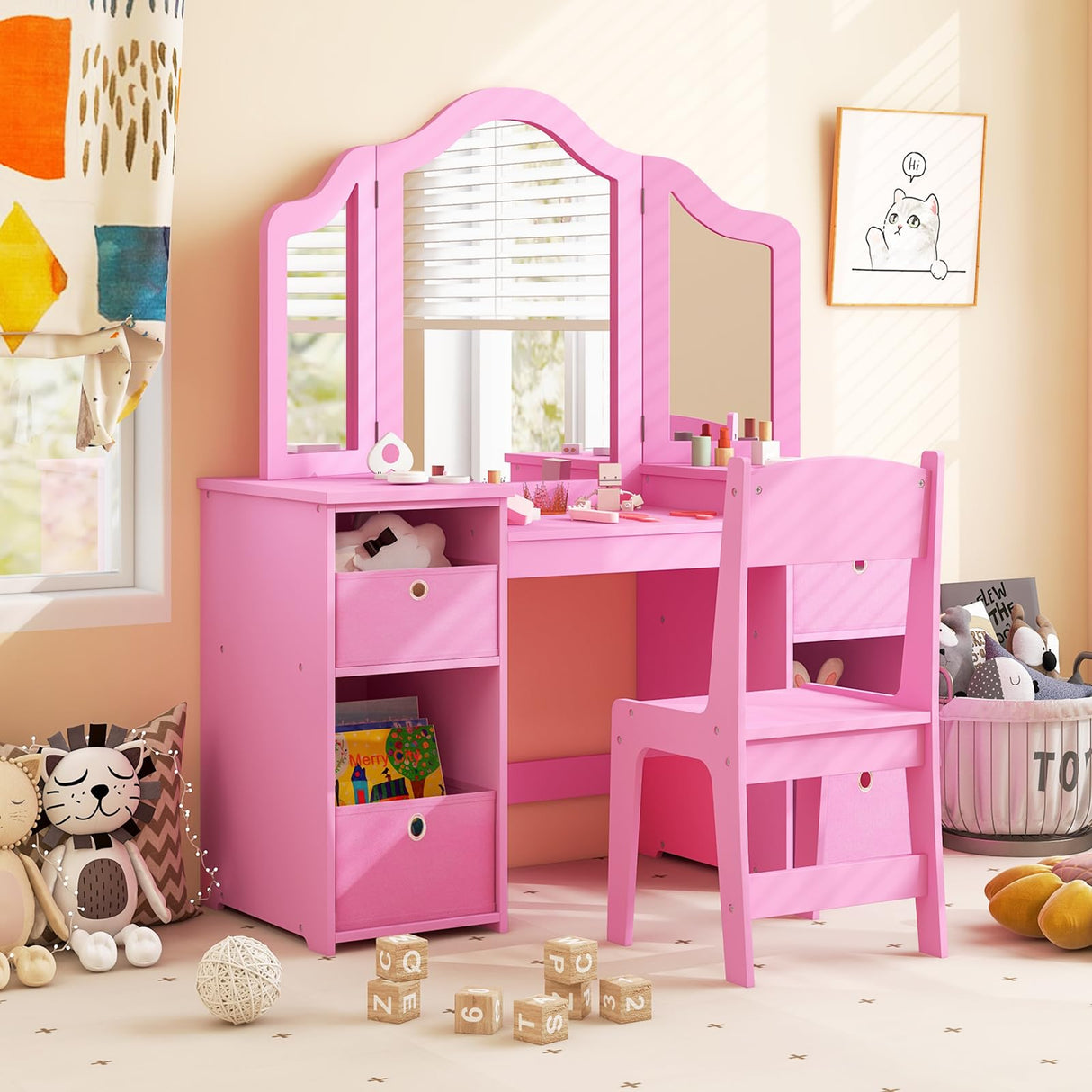 Costzon Kids Vanity, 2 in 1 Princess Makeup Desk & Chair Set with Tri-Folding Mirror, 4 Storage Bins, Wooden Toddler Vanity Dressing Table, Pretend Play Vanity Set for Little Girls (Pink) Costzon