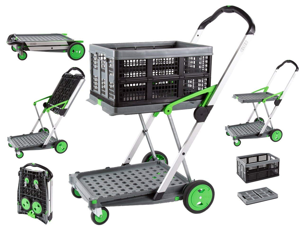 CLAX® The Original | Made in Germany | Multi use Functional Collapsible carts | Mobile Folding Trolley | Shopping cart with Storage Crate | Platform Truck (Green) Clax