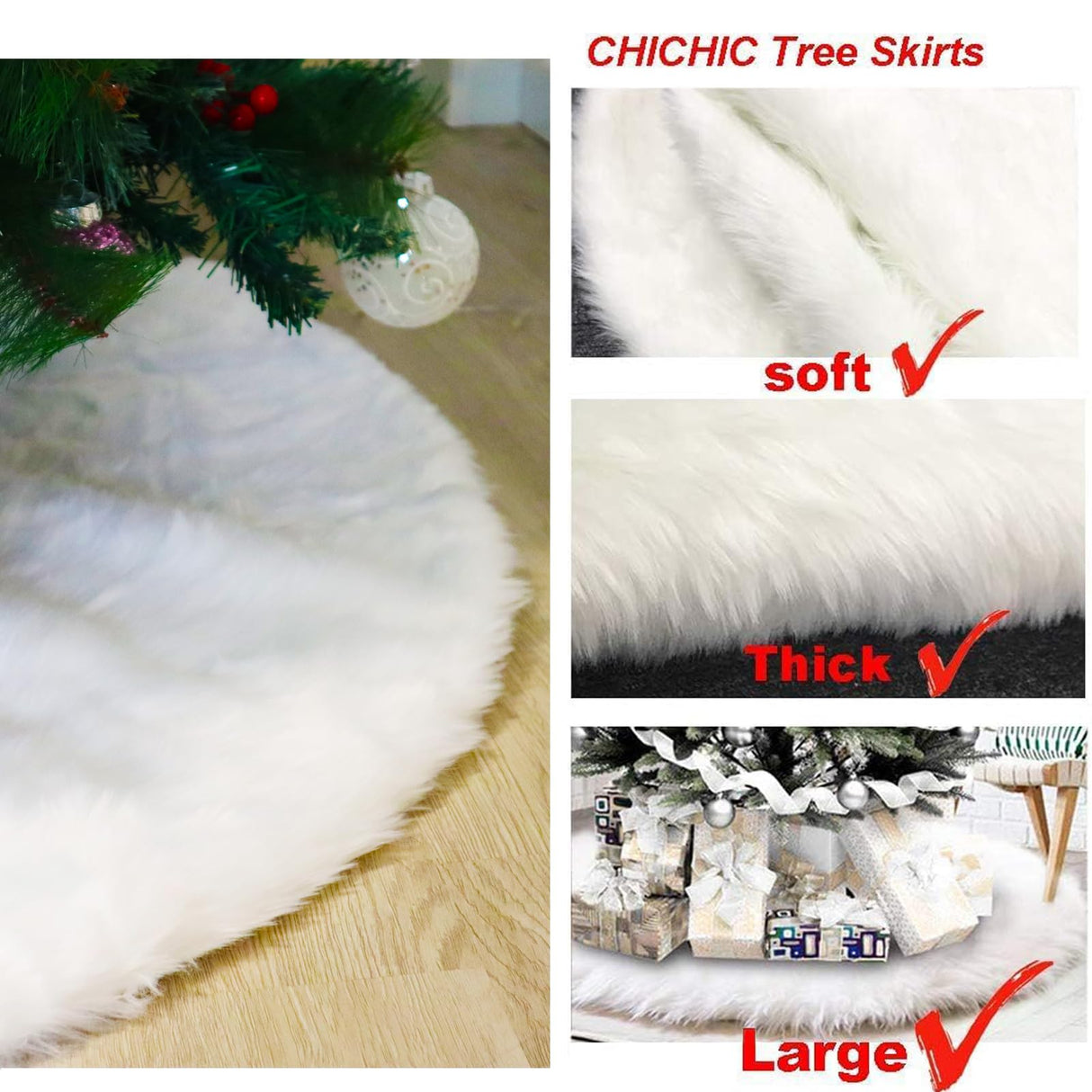 CHICHIC 48 inch Christmas Tree Skirt Faux Fur Xmas Tree Skirt Christmas Decorations Holiday Tree Ornaments Tree Decoration for Christmas Home Decorations, Xmas Party Holiday Decorations, Snow White CHICHIC