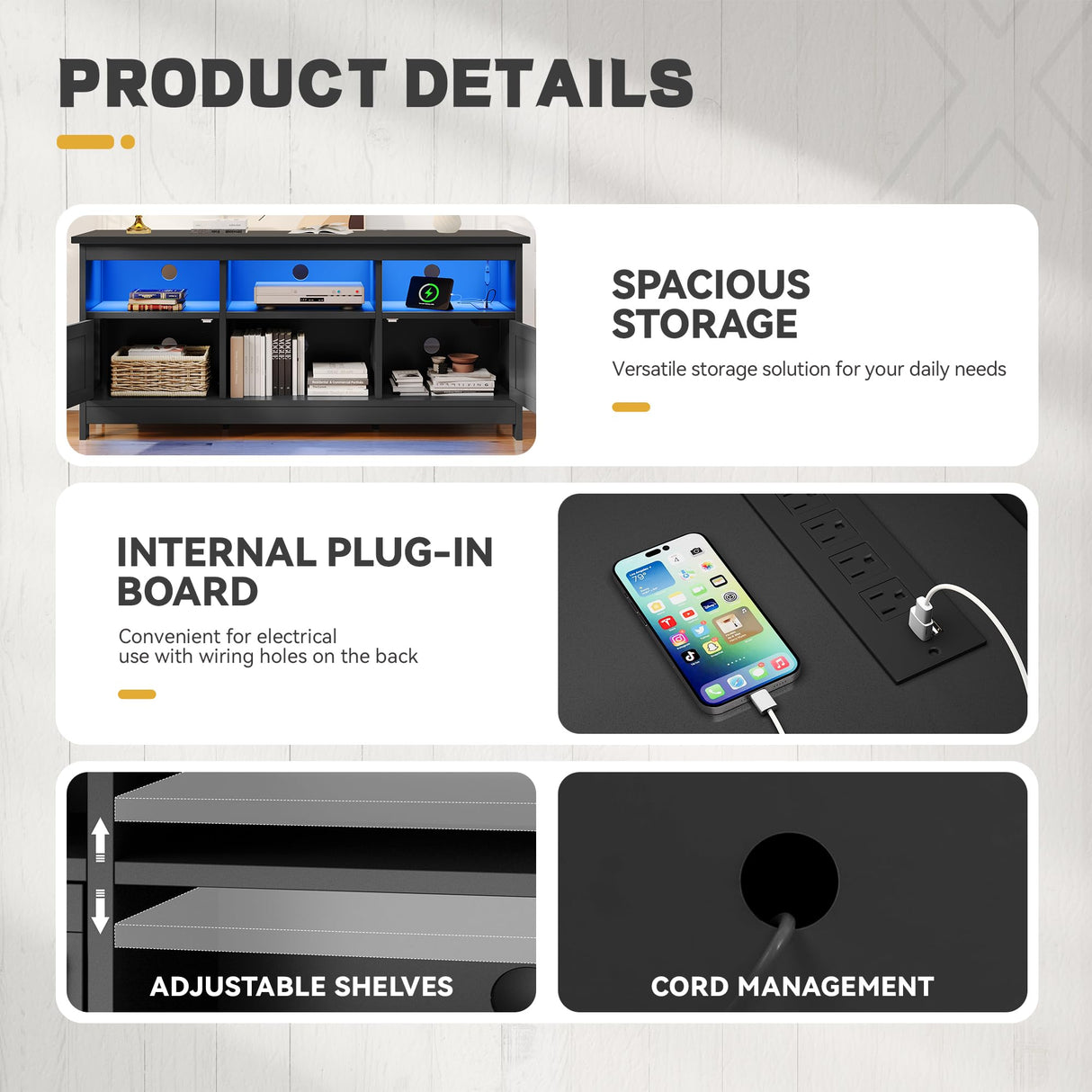 YITAHOME TV Stand for 65 Inch TVs, Entertainment Center with Storage Cabinets, Power Outlet & LED Light, Media Console Living Room Furniture, Black YITAHOME