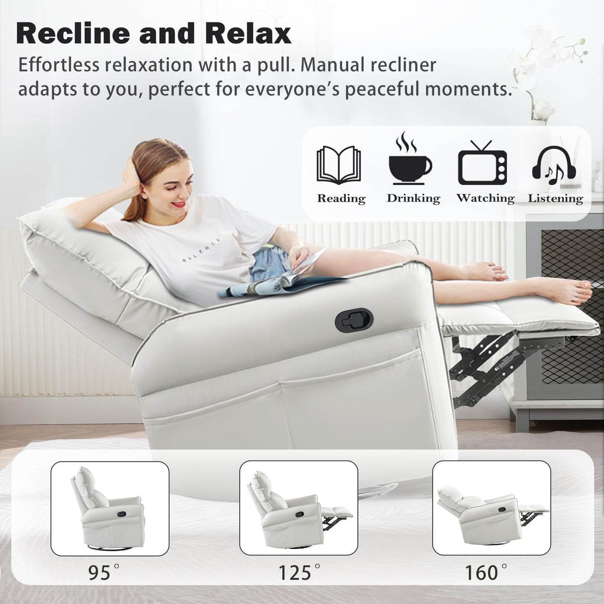 cinehome Swivel Rocker Recliner, Small Rocker Recliner Chairs for Adults, Overstuffed Faux Leather Manual Recliner, Glider Recliner, 360 Swivel Recliner Chair for Living Room cinkehome