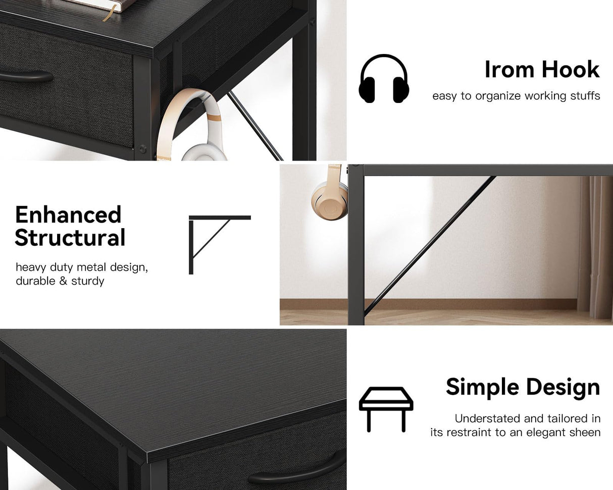 ODK 40 Inch Small Desk with Fabric Drawers- for Bedroom, Black Study Desk with Storage, Home Office Computer Desk for Small Spaces, Modern Work Writing Kids Table, Black ODK