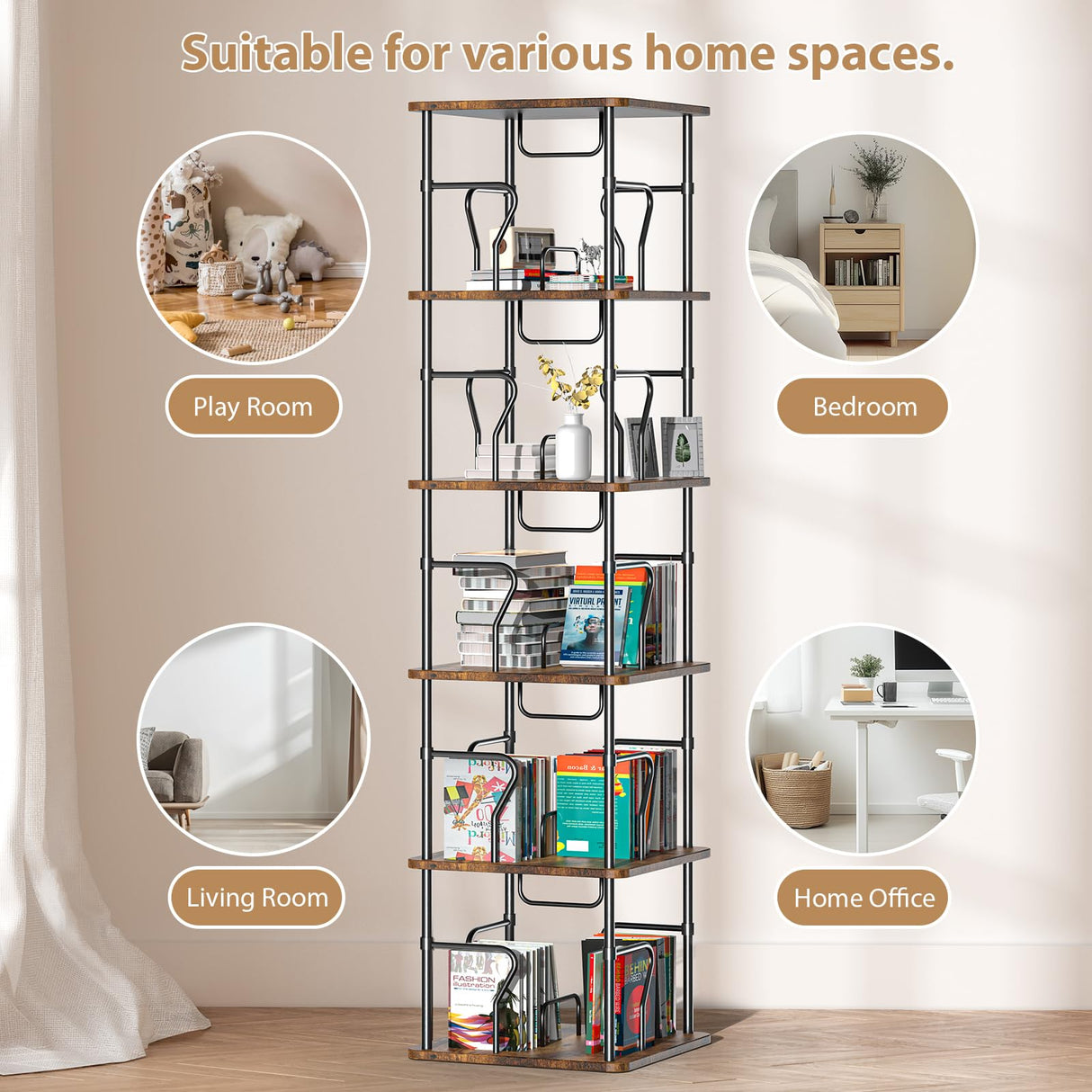 VYRIVA 5 Tier Square Rotating Bookshelf Tower, Spinning Bookshelf, 360° Display Round Bookcase, Floor Standing Corner Revolving Bookshelf Organizer Storage Rack for Home Study Office, Small Spaces VYRIVA