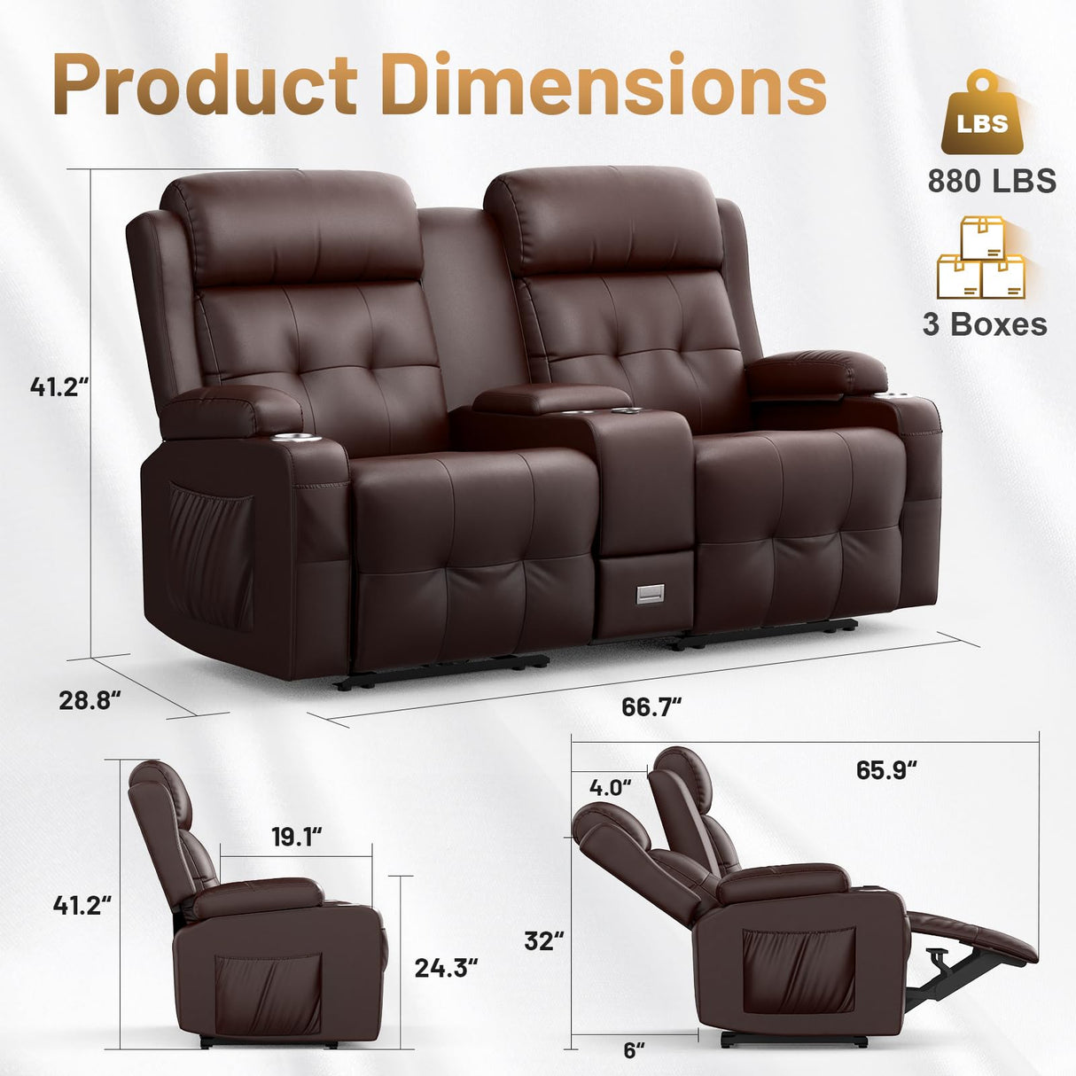 TOMOSLTER Loveseat Recliner Sofa, Home Theater Seating Massage Reclining Couch with USB, Center Console, Wall Hugger RV Recliners, 145° Adjustable Recline & Cup Holders, for RV & Movie Room TOMOSLTER