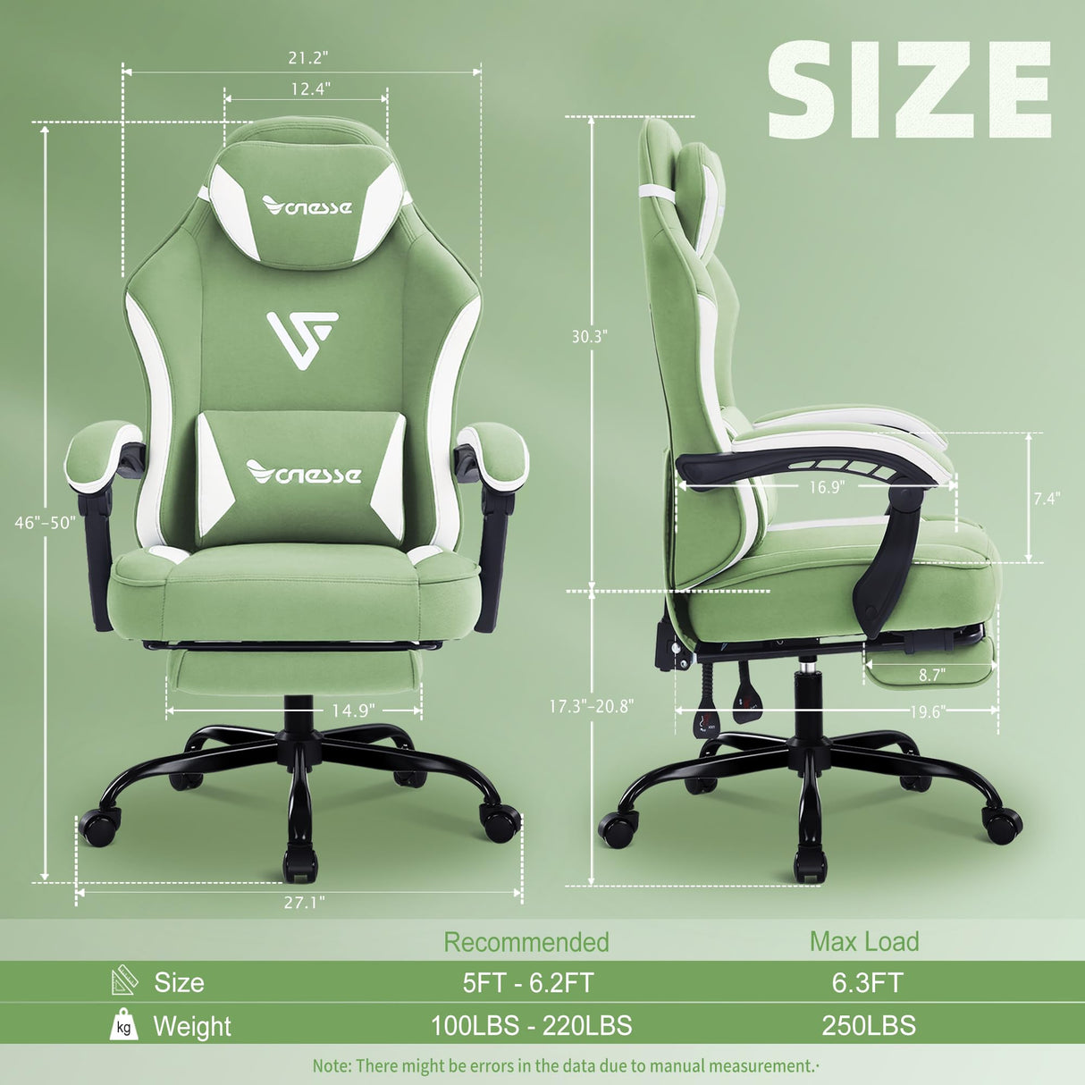 Vonesse Gaming Chair, Computer Chair Fabric with Pocket Spring Cushion, Office Chair with Footrest and Massage Lumbar Support, Reclining Gaming Chairs for Adults 250LBS (Green) Vonesse