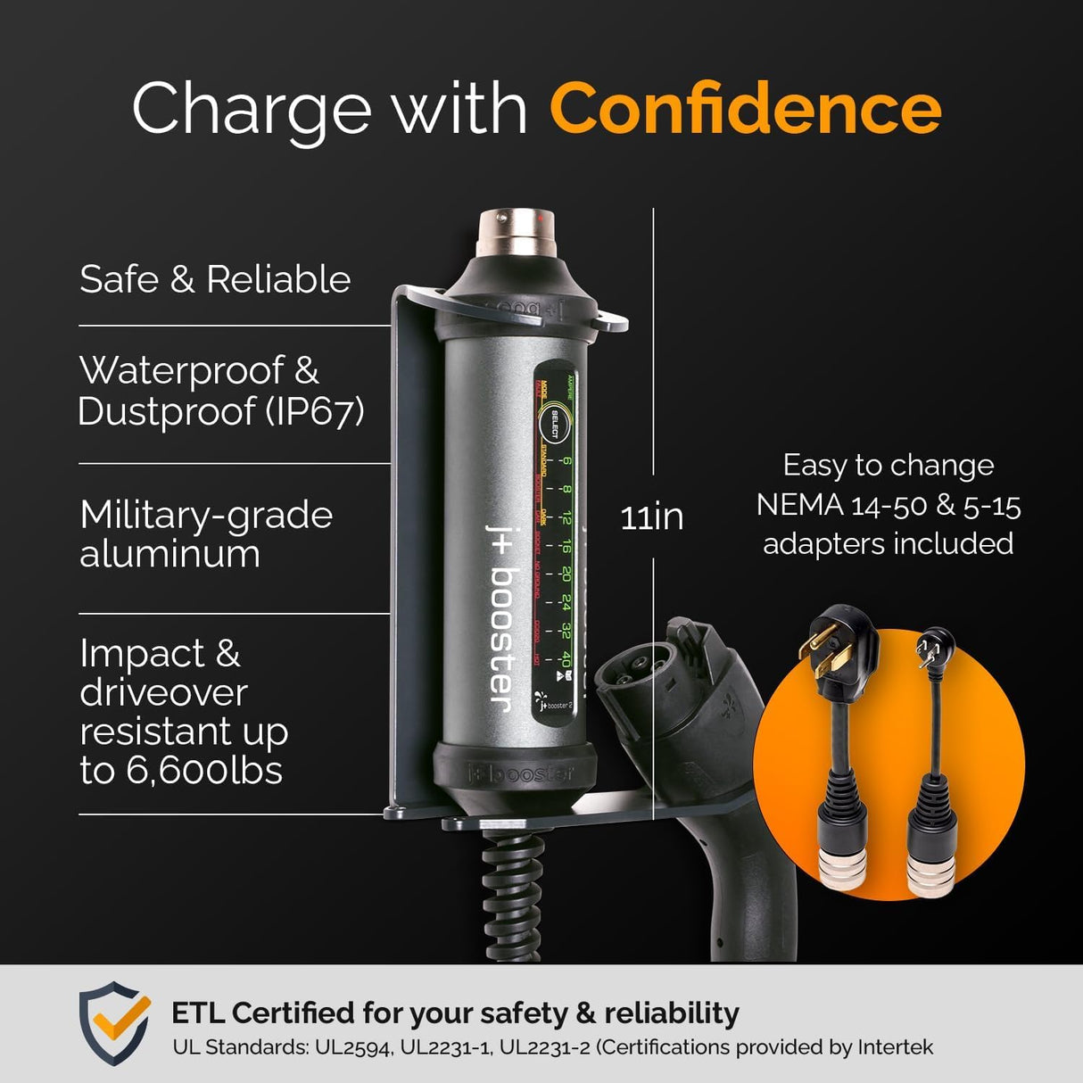 Portable Level 2 EV Charger - 7X Faster - 110-240V / 40 Amp - ETL Certified - Portable Electric Car Charger NEMA 5-15 & 14-50 Plug for Indoor or Outdoor (25ft Cable) j+