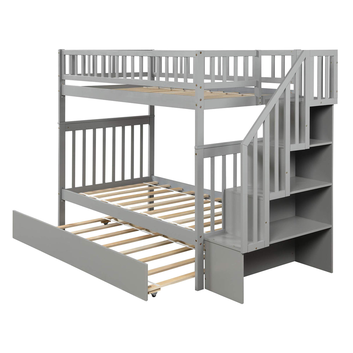 Merax Twin Over Twin Bunk Bed with Trundle, Storage Staircase and Full Length Guardrail, Solid Wood Stairway Bunk Bed, No Spring Box Needed (Grey) Merax