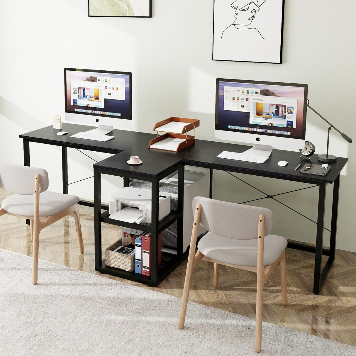 Natwind Two Person Desk with Storage Shelves, 92.5" Double Computer Desk with PC case Stand for Home Office, Home Craft Table Workstation, Heat Press Table, Long Gaming Desk,Black Natwind
