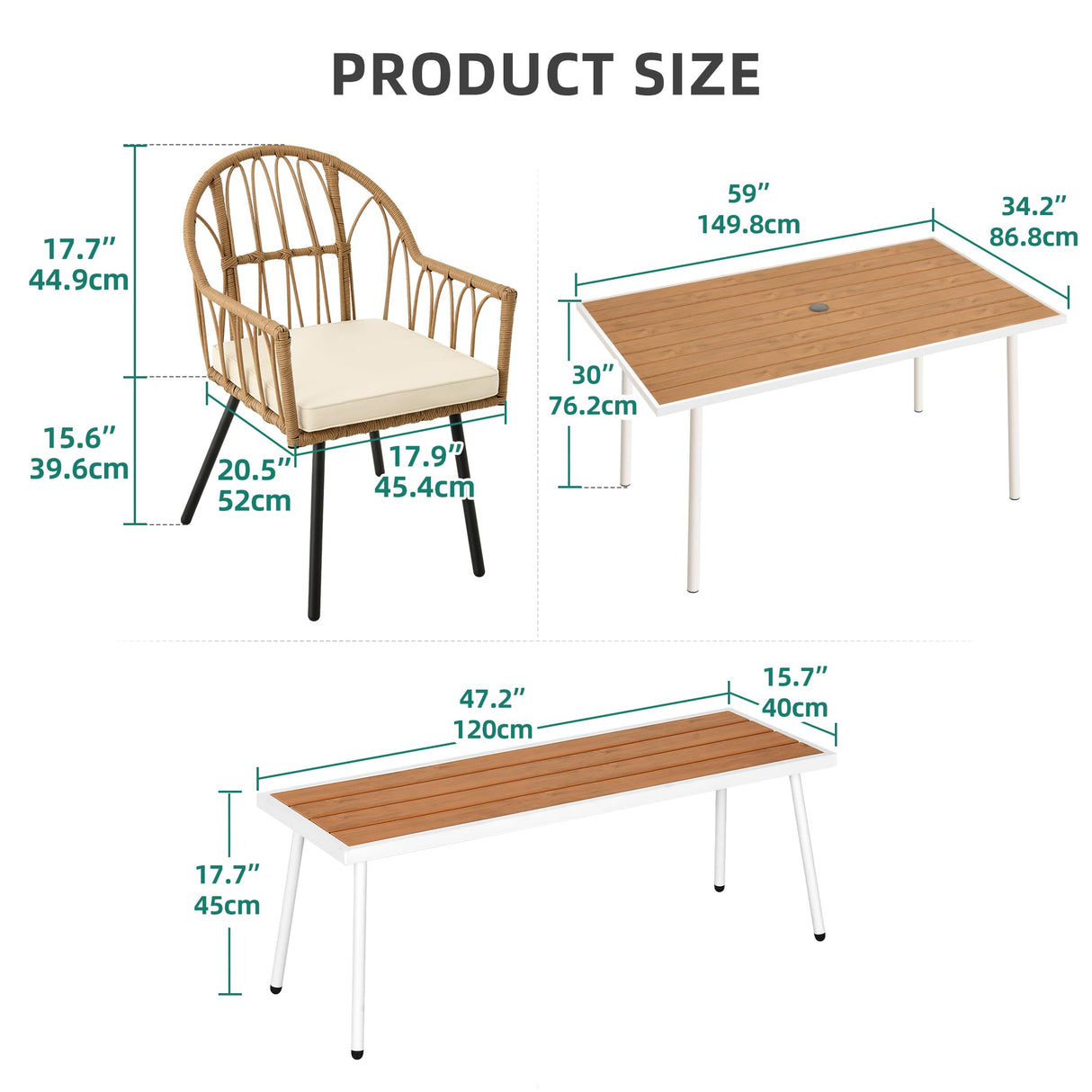 YITAHOME 6 Pieces Outdoor Patio Dining Set, Rattan Wicker Patio Dining Chair & Table & Bench Set for 6 People, Sectional Conversation Set with Umbrella Hole for Patios, Backyard, Balcony, Garden, Lawn YITAHOME