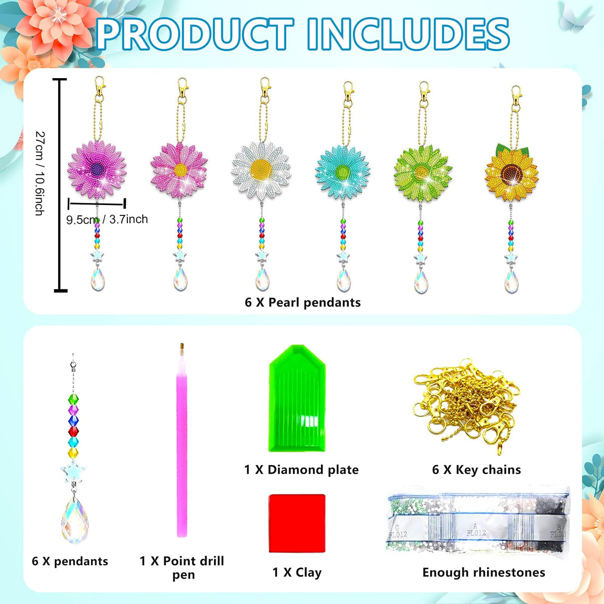 JeCuiK 6 Pcs Daisy Diamonds Painting Wind Chimes Suncatcher Double Sided Flower Rhinestone Painting Wind Chime 5D DIY Crystal Diamond Painting Kits Paint by Number Hanging Ornaments Mom Gifts JeCuiK