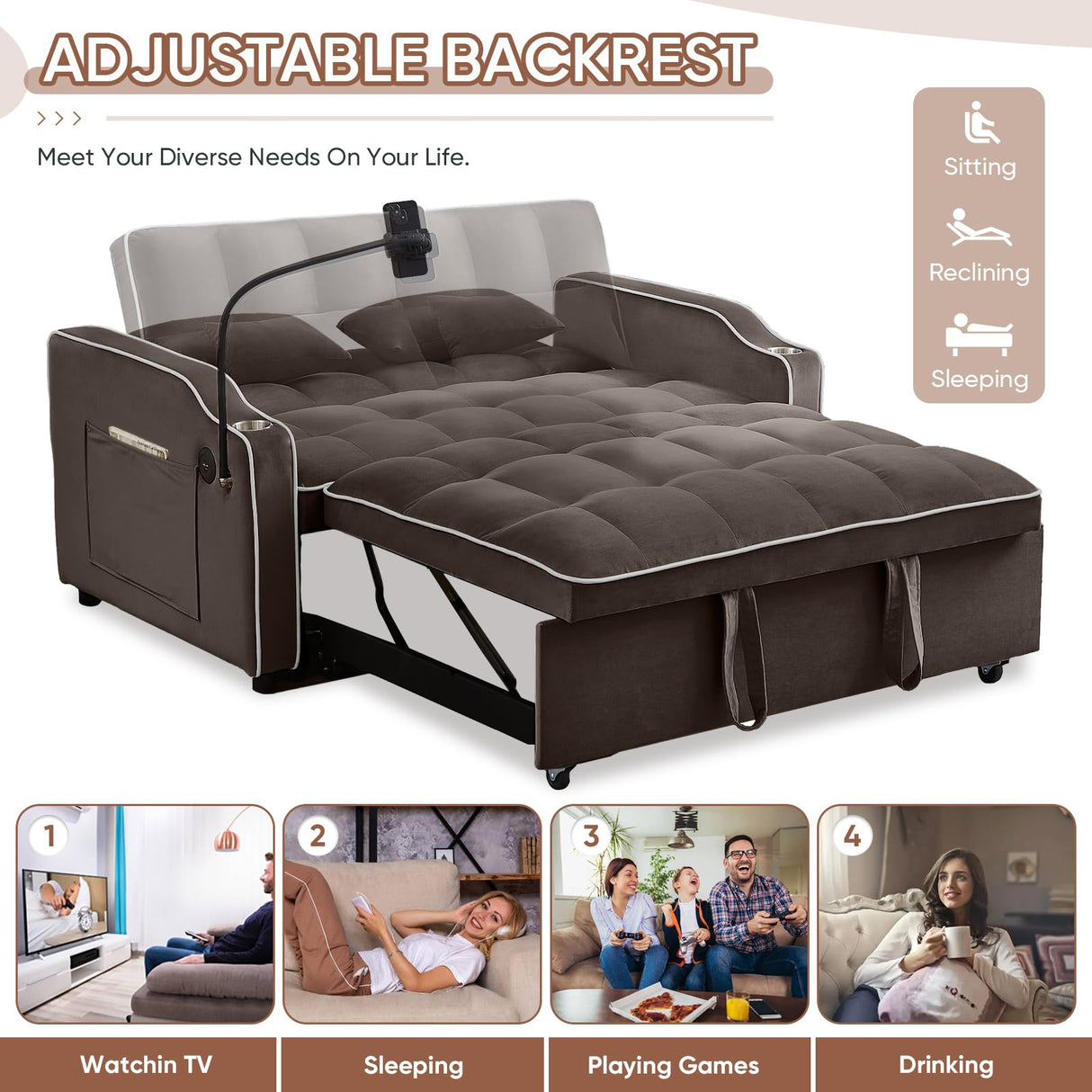 Sleeper Sofa Couch Bed with USB & Type C Port, Modern 3-in-1 Convertible Velvet Pull Out Loveseat Futon Sofa w/Phone Holder/Cup Holder for Living Room Apartment, Adjustable Backrest, Coffee Antetek