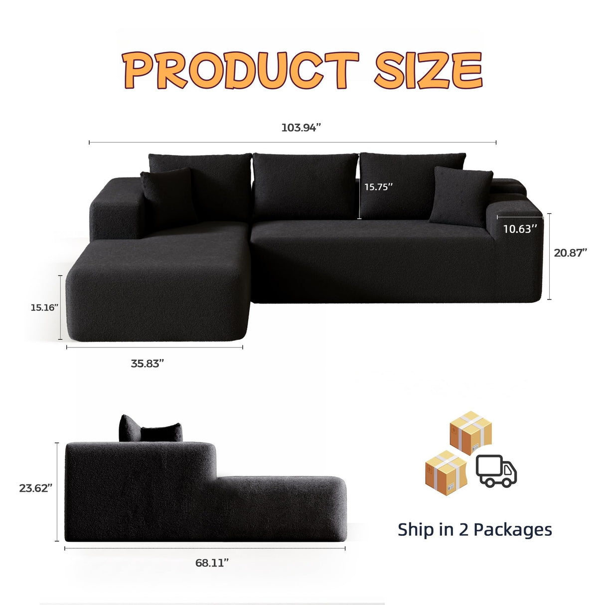 Trygoal L-Shape Cloud Sectional Sofa, 104” Modern Modular Boneless Couch with Right Chaise Lounge, Compressed Floor Sofa with 5 Pillows & Deep Seat, Rain Drop Velvet Couch for Living Room, Black Trygoal