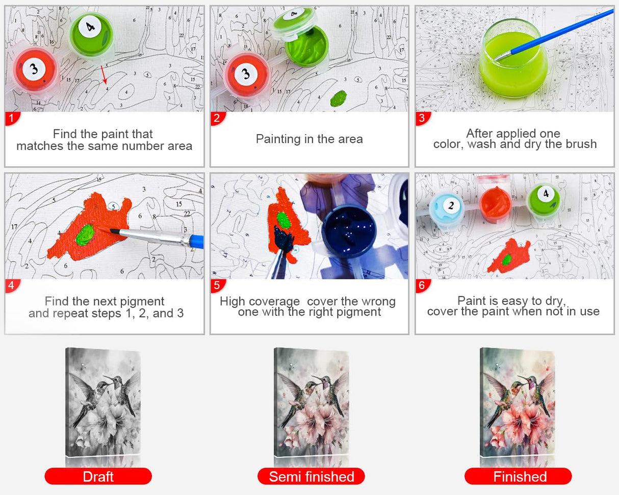 Paint by Numbers for Adults Hummingbirds and Flowers DIY Painting Kit with Acrylic Paints Brushes and Pre Printed Canvas Great for Stress Relief Home Decor or Creative Gift 16x20 Inch TUMOVO