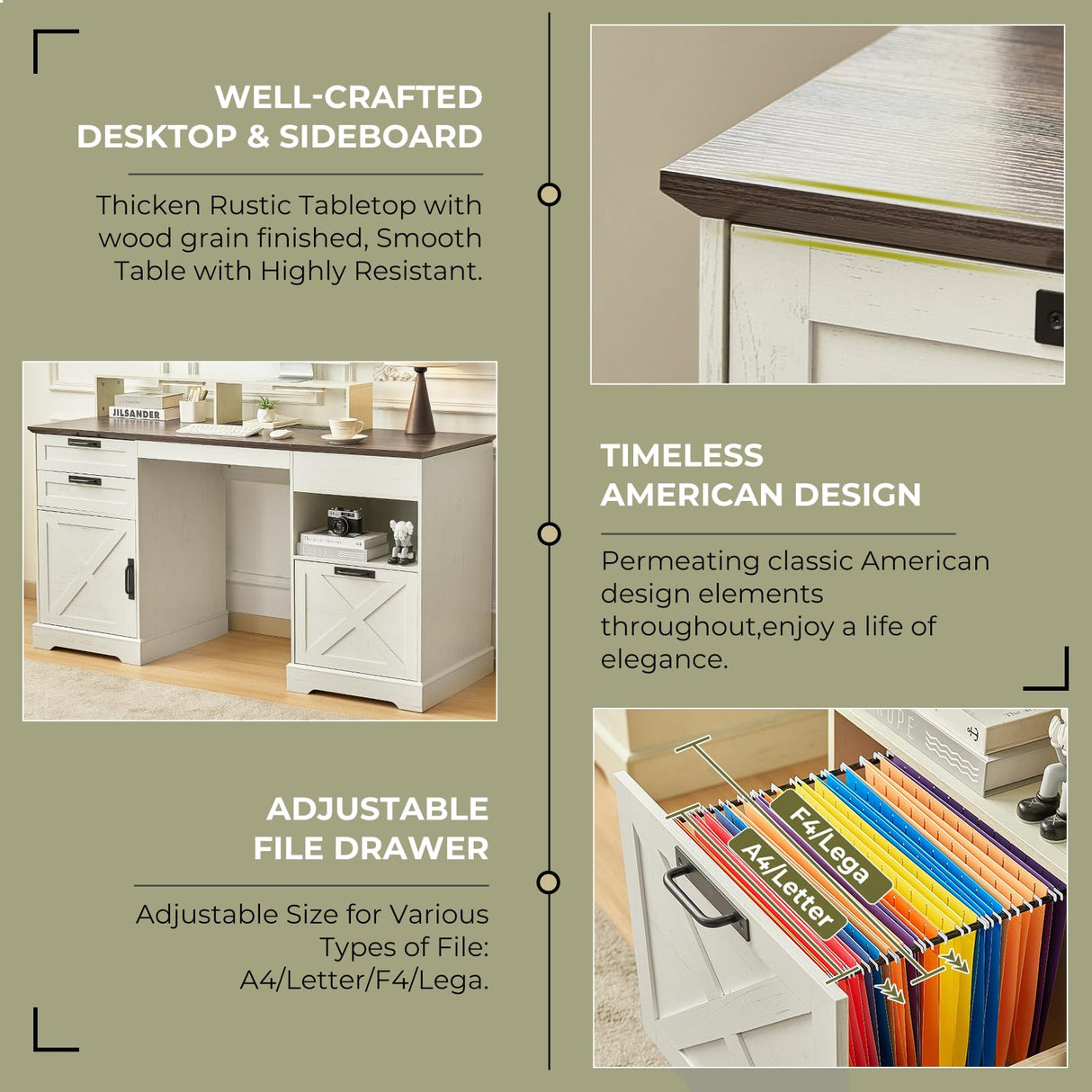 JanflyHome Executive Desk with File Storage Drawer, 63" Lift Top Farmhouse Home Office Gaming Desk with Charging Station, 3 Drawers Sensor Lights Wood Computer Table with Monitor Stand, Antique White JanflyHome