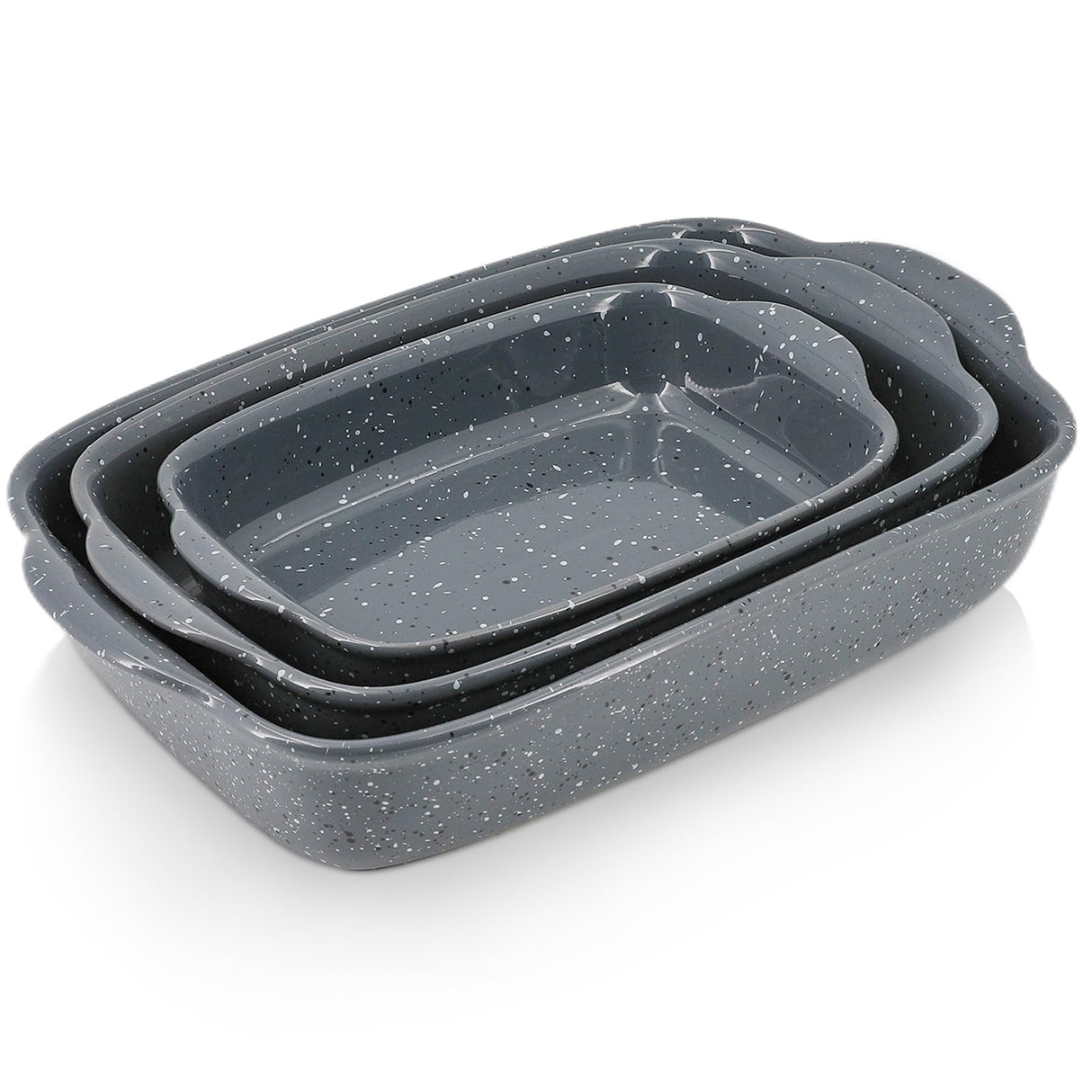 KROKORI Ceramic Bakeware Dish Set of 3, Rectangular Baking Casserole for Oven,High Heat Resistant,Lasagna Pan Deep with Handles,Handcraft Speckle Series (13.8''/12''/9.6''Grey) Krokori