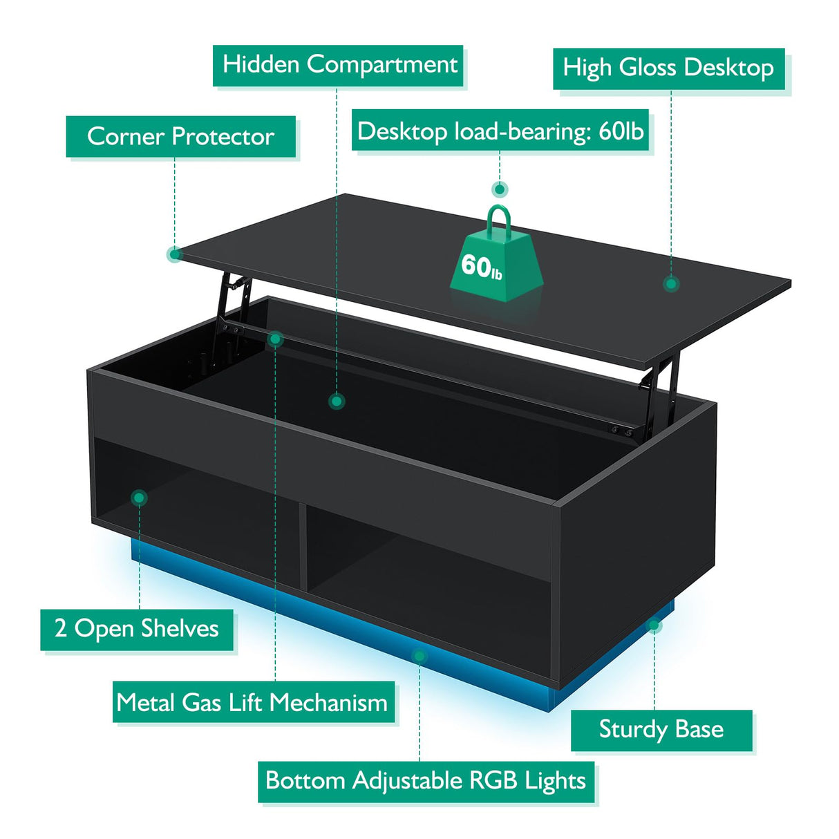HOMMPA 40" Modern LED Coffee Table with Storage for Living Room, Lift Top Coffee Table with 2 Shelves, High Glossy Wooden Dining Table, Multifunctional Furniture for Bedroom Home Office, Black HOMMPA
