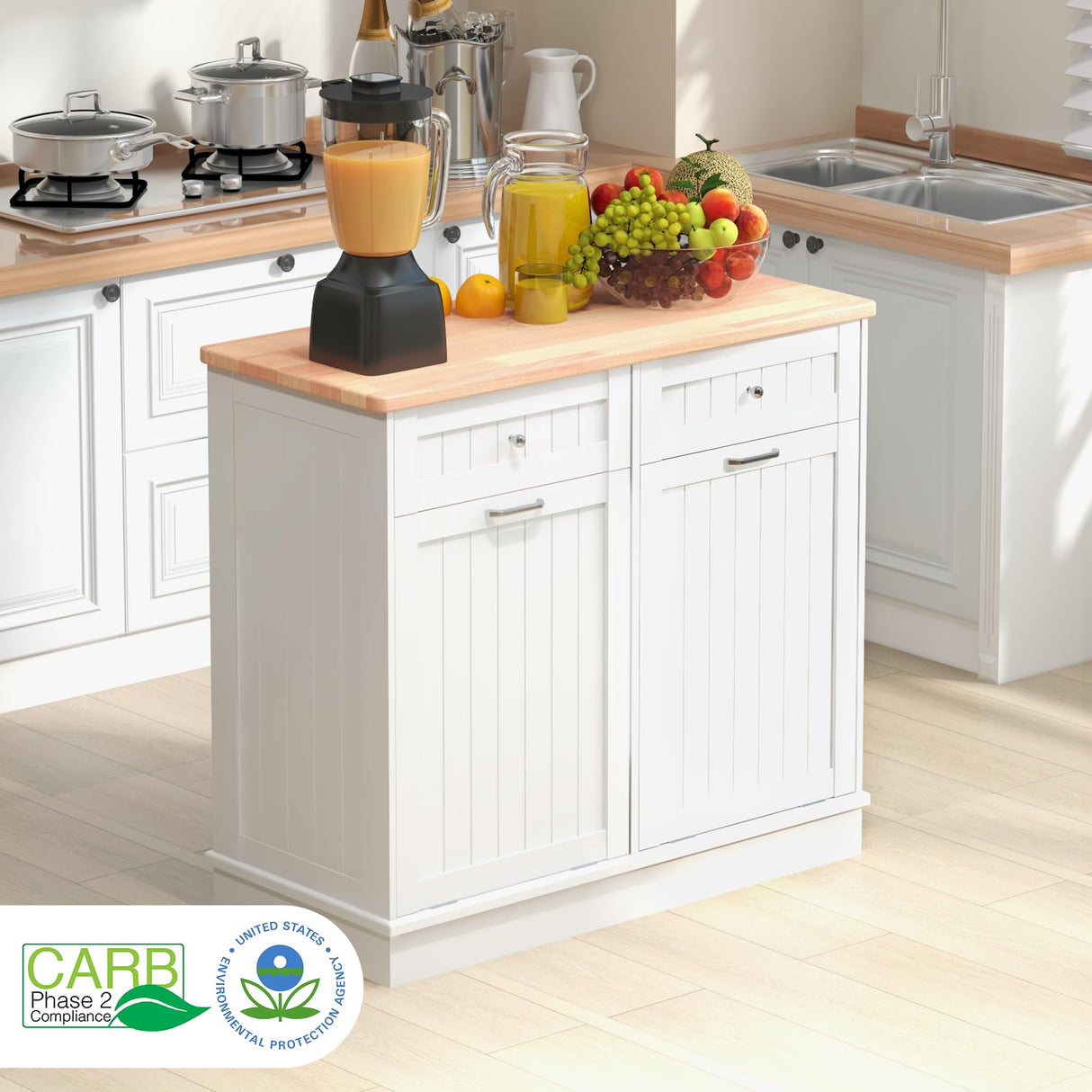 TOLEAD Double Tilt Out Trash Cabinet 20 Gallon,Antique-Style Beadboard Trash Can Cabinet Kitchen with Solid Wood Tabletop & Drawer, Pet Proof Trash Can, Wood Laundry Cabinet TOLEAD