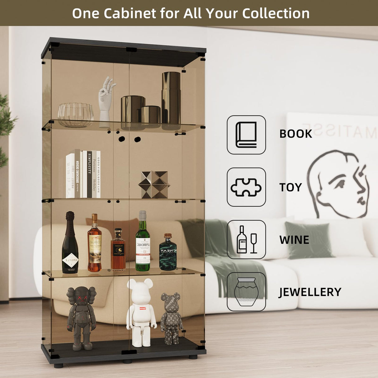 Beauty4U Glass Display Cabinet with 4 Shelves, 2 Doors Curio Cabinets for Living Room, Bedroom, Office, 5mm Brown Tempered Glass Floor Standing Bookshelf, Quick Installation Beauty4U