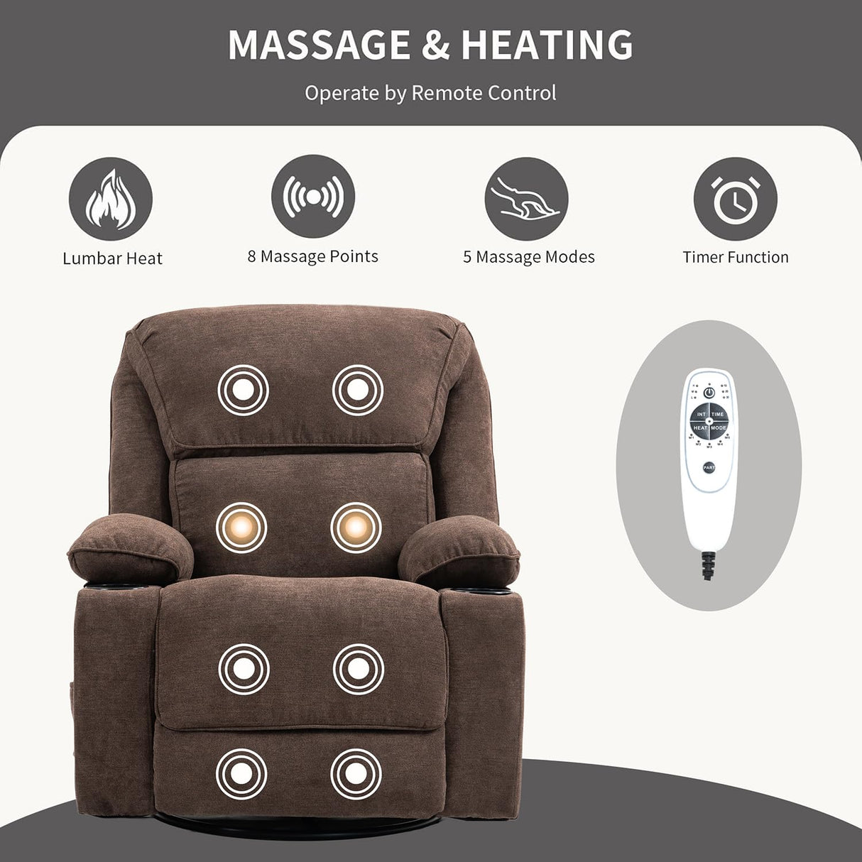 BRTHORY Rocker Recliner Chair with Massage and Heated, 360°Swivel Rocking Manual Recliner Chairs with Cup Holders Remote Control for Living Room (Brown) BRTHORY