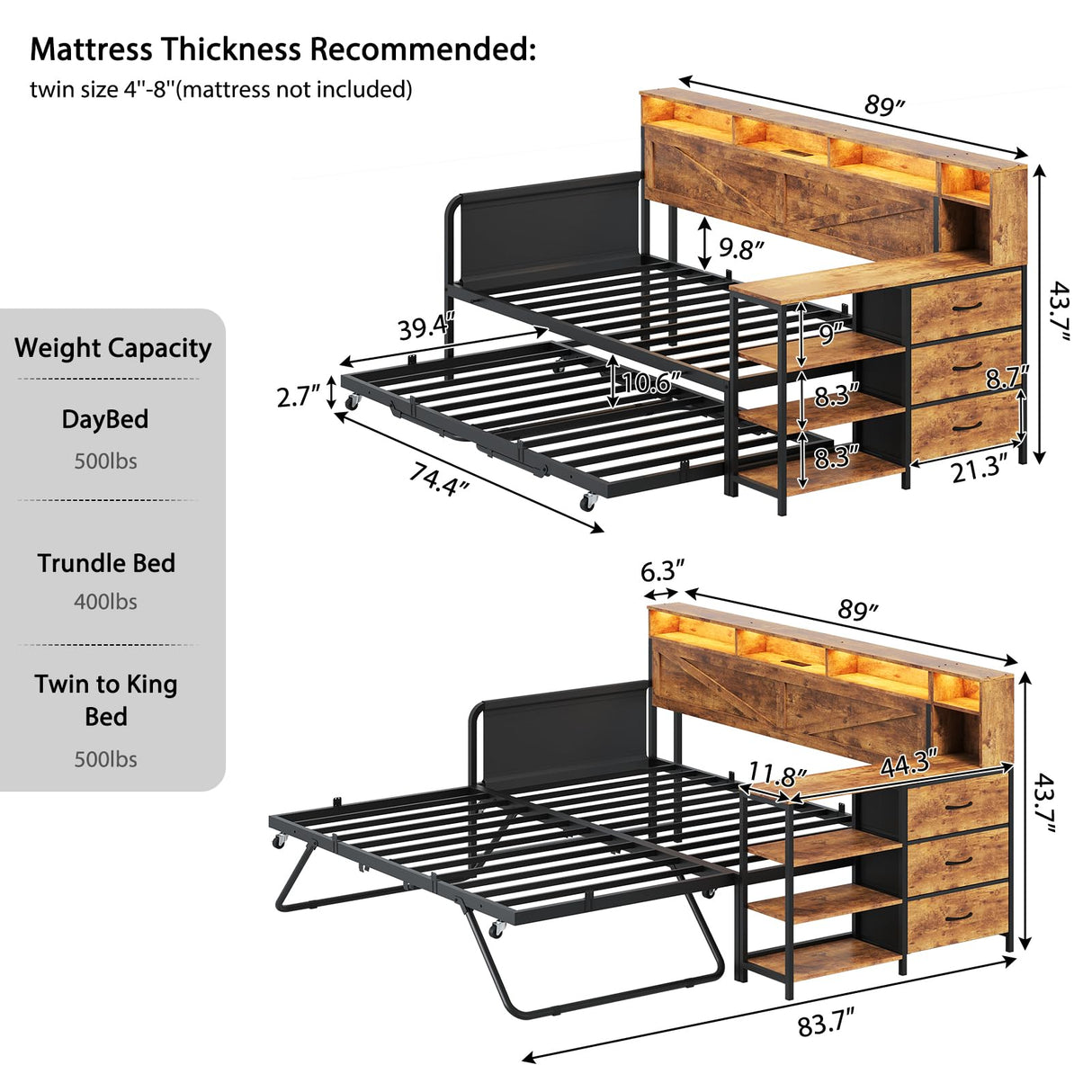 VIAGDO Daybed Twin with Pop Up Trundle, Farmhouse Wooden Day Bed Frame with 3 Storage Drawers and Shelves, Twin to King Daybed with Charging Station and LED Lights for Bedroom, Rustic Brown VIAGDO