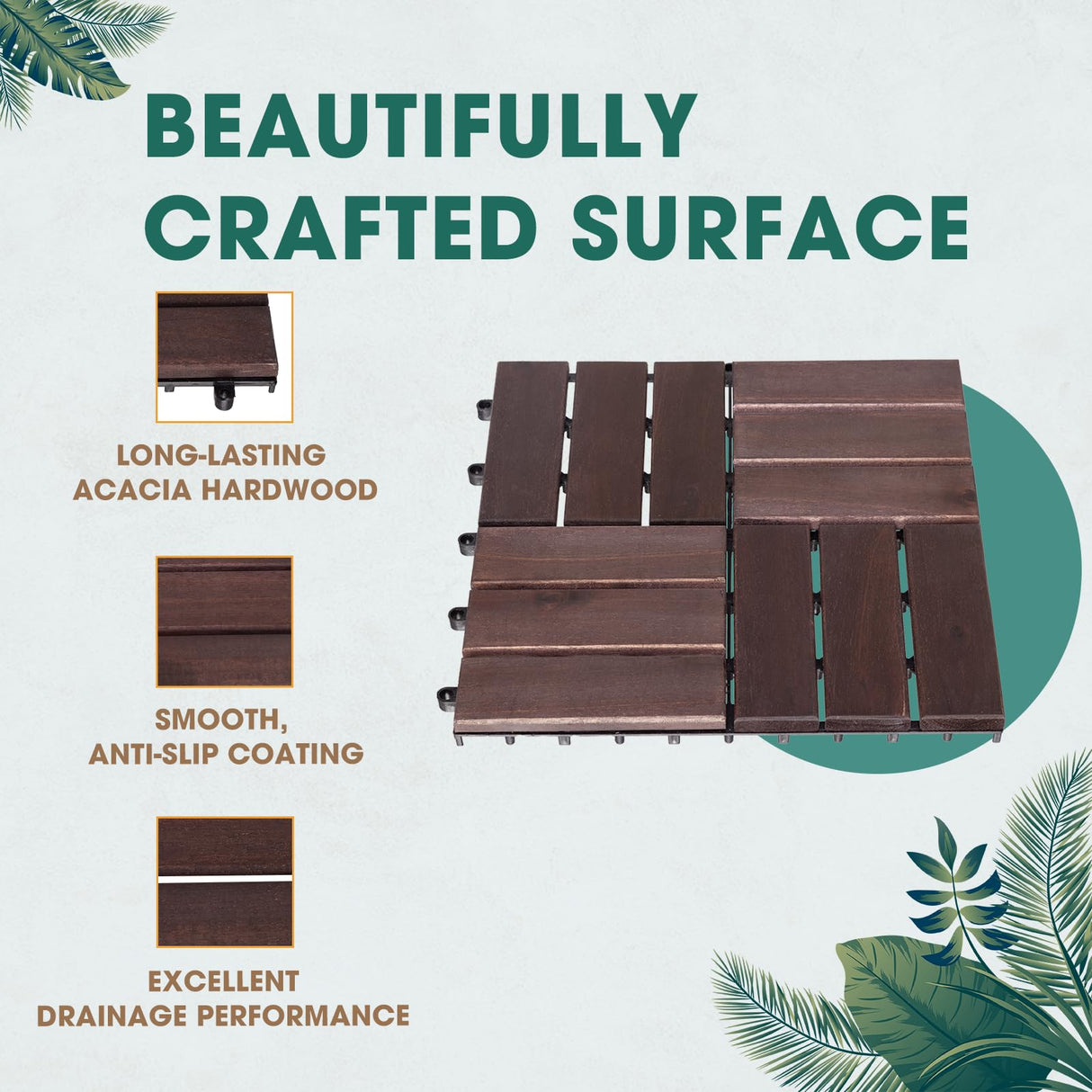 Idzo Interlocking Deck Tiles - 10PCS Waterproof Acacia Wood Patio, Flooring Panels for Both Indoor and Outdoor - Decking Checker Pattern, 12 x 12 x 0.9 Inches, Dark Brown IDZO