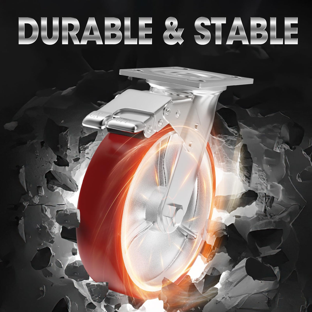 8" Caster Wheels, Casters Set of 4 - Heavy Duty Casters, Swivel Industrial Casters with Brake, Locking Casters with No Noise Polyurethane on Steel Wheels for Toolbox Workbench, Total Capacity 6000 lbs OVLLAN