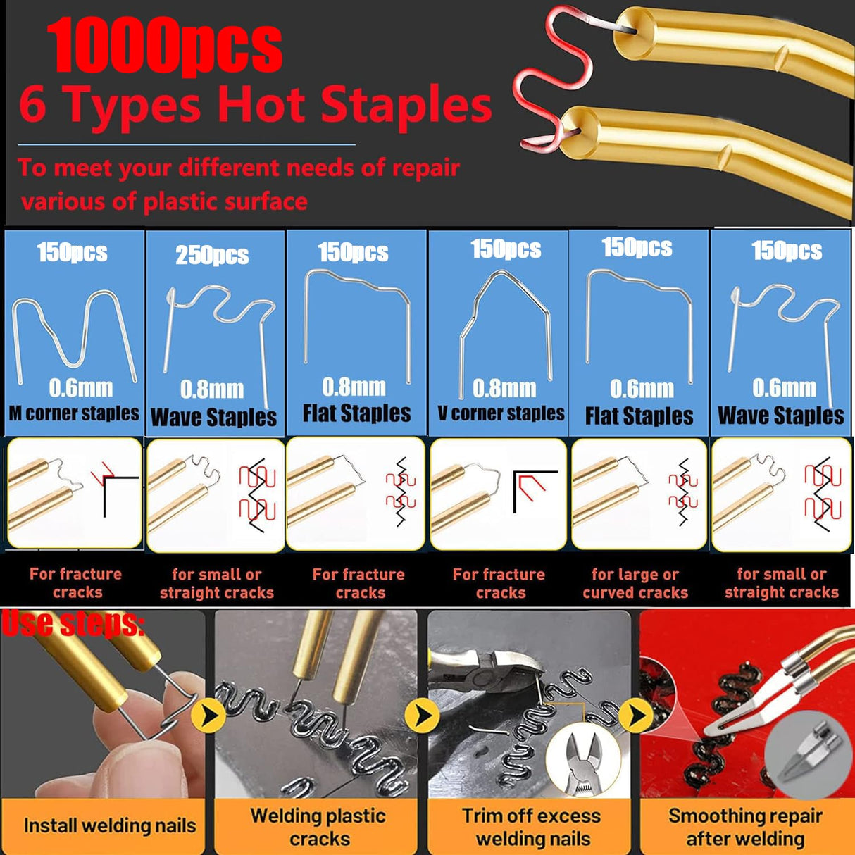 Upgraded 220W Plastic Welder, 2 in 1 Plastic Welding Kit Plastic Repair Welder Kit 1000PCS Hot Stapler Soldering Gun with 100PCS Plastic Welding Rods Car Bumper Repair Kit for Most Plastic Repair VCTSELITY