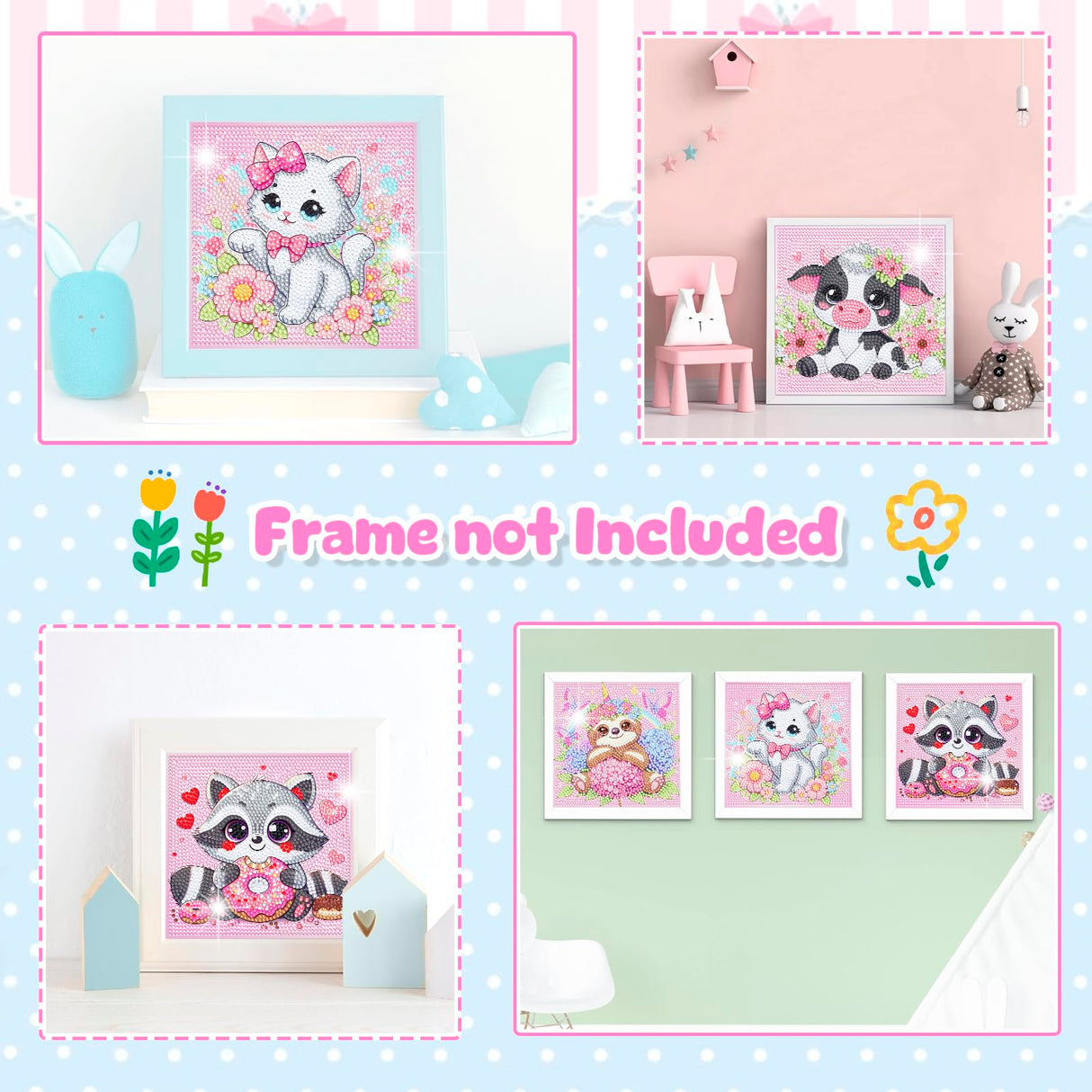 Diamond Art Kits for Kids, 4 Pieces Cartoon Animals Diamond Painting Kits for Adults Beginner, 5D Full Round Drill Gem Art Arts and Crafts for Kid Mosaic Kits for Gift Home Wall Decor Kids 6X6 inch NANZHOO