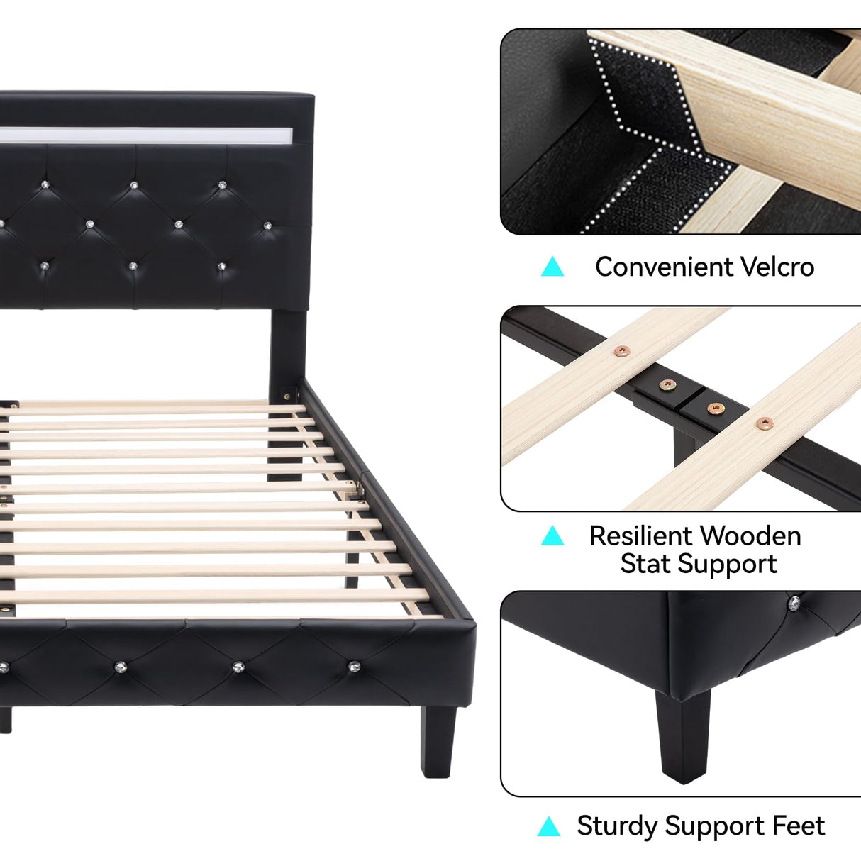 Benevika LED Upholstered Queen Size Bed Frame with Adjustable Headboard and USB Charging Station Benevika