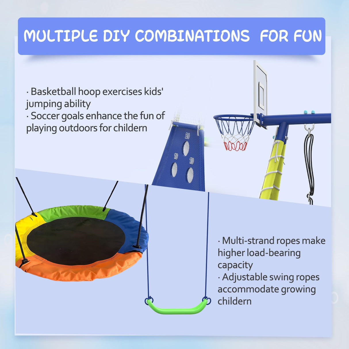 Swing Sets for Backyard with Kids Slide Outdoor Heavy-Duty Metal Playset for Kids 440lbs 5 in 1 Swing Set with Slide, Saucer Seat, Belt Seat, Soccer Goals and Basketball Hoop SENCHO GINSYTALIOR