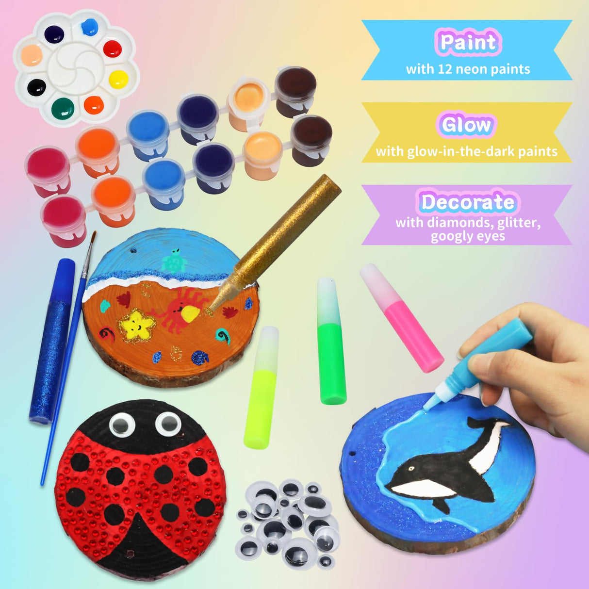 AOSITE Wooden Crafts Kit for Kids-Glow in The Dark-Arts and Crafts for Kids Ages 6-12, Wood Slices Painting Craft Activities Kits, Creative Art Toys for 6 7 8 9 10 11 12 Year Old AOSITE