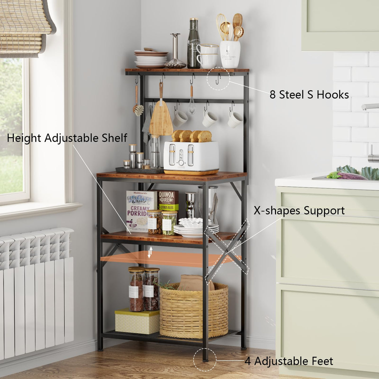 Korfile Kitchen Bakers Rack with Storage Shelves, Small Coffee Bar Table with 8 Hooks, 4 Tiers Microwave Stand Station with Adjustable Shelves, Freestanding Kitchen Appliance Organizer, Rustic Brown Korfile