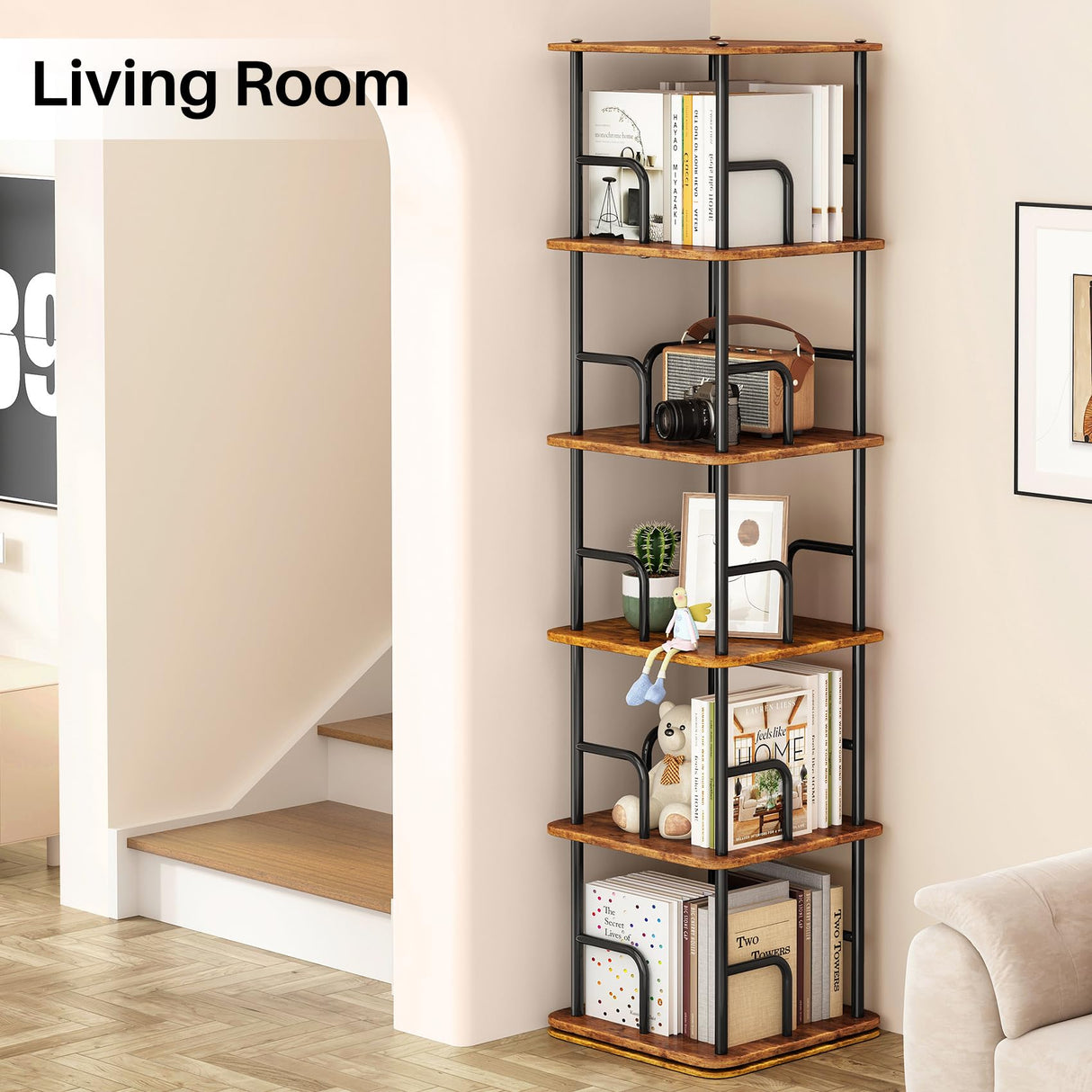 Branwick Rotating Bookshelf 5 Tier 360° Accessibility, Revolving Bookcase Spinning Bookshelf Tower, Wood Narrow Space Saving Book Shelf Organizer for Bedroom, Living Room, Study Room Branwick