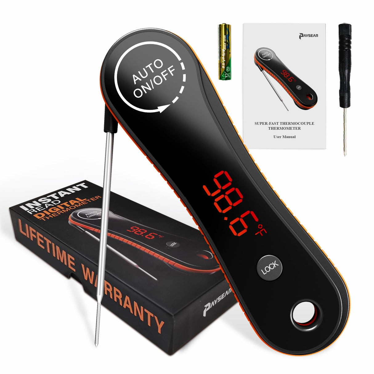 Digital Meat Thermometer 0.5s Instant Read, Paysean ±0.5℉ with Auto-Rotating Backlit Display, IP67 Waterproof and Calibration for Cooking, Candy, Grilling, BBQ, Liquid, Smoker, Beef Paysean