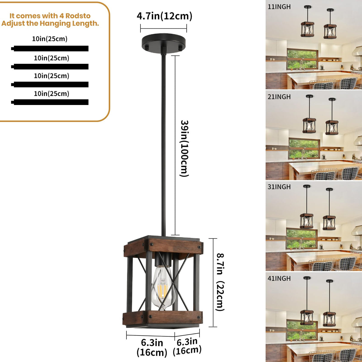 HOXIYA Farmhouse Pendant Light, 2 Pack Rustic Farmhouse Linear Chandelier with Wood and Metal Cage, Kitchen Island Pendant Light Adjustable Height for Dining Room Light Kitchen Island Bedroom HOXIYA