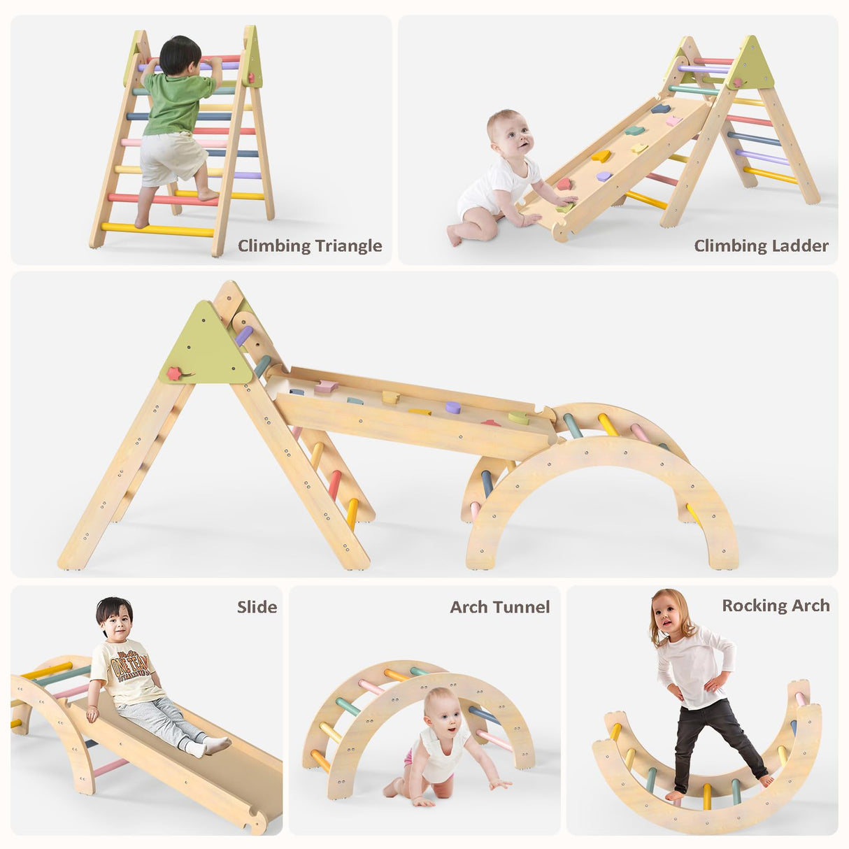 aiwo Pikler Triangle Set 7in1 Montessori Toddler Climbing Toys Indoor, Climbing Toys for Toddlers 1-3 Inside, Baby Climbing Gym Toddler Climber Indoor Playground aiwo