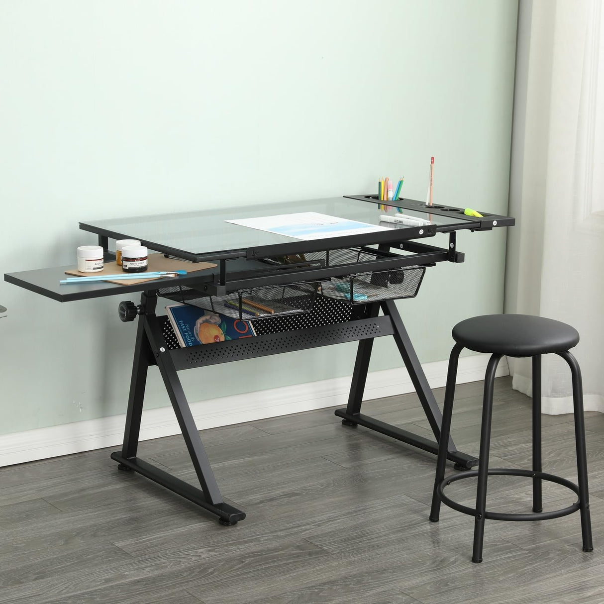 Roockky Drafting Table, 0-75° Tilting Glass Tabletop Drawing Table with Stool - Adjustable Height Art Desk with Multi-Storage for Sketching and Painting - Perfect for Artists and Hobbyists, Black Roockky