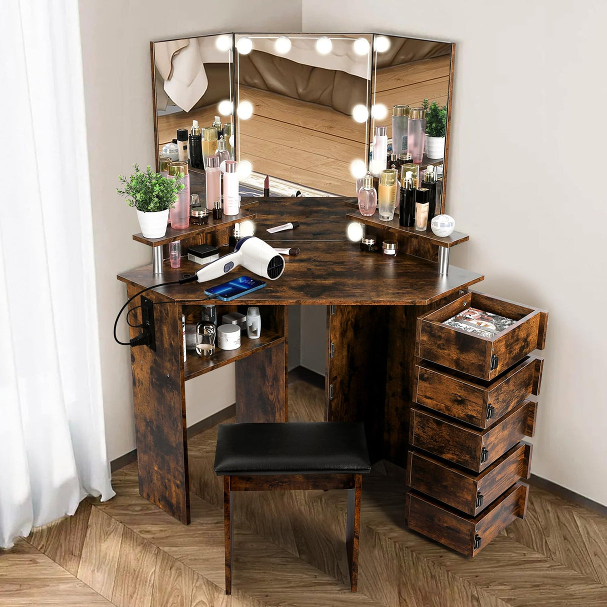 VOWNER Vanity with Lights - Makeup Vanity Desk with Power Outlet, 3 Color Lighting Options Brightness Adjustable, Vanity Table with 5 Rotating Drawers, Shelves and Stool for Bedroom, Rustic VOWNER