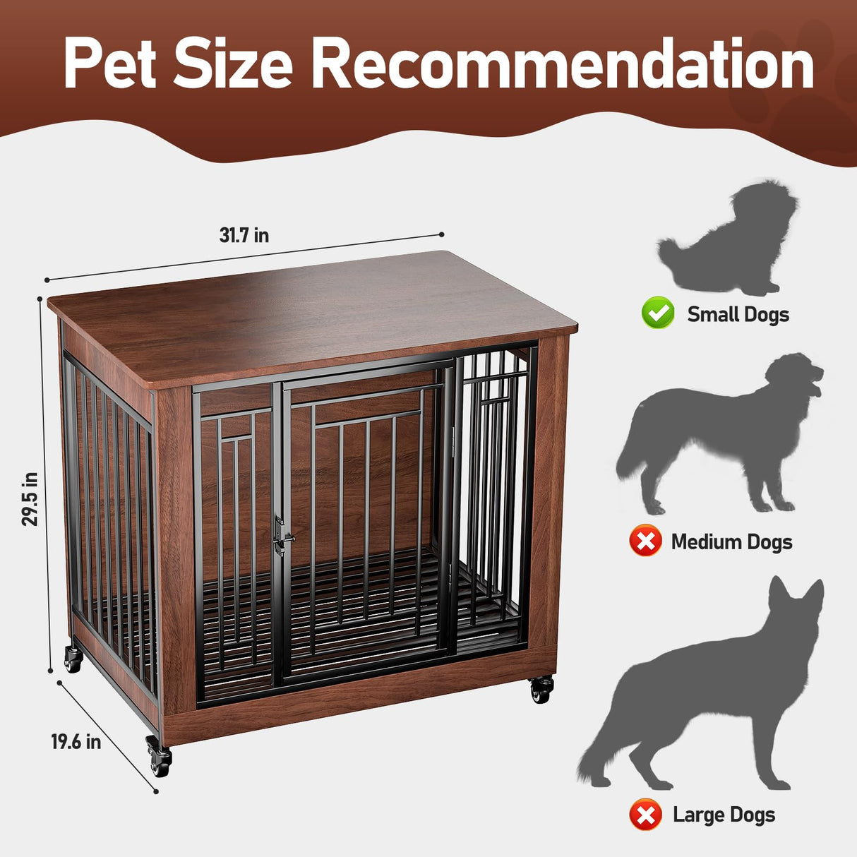 Dog Crate Furniture, 32" Dog Kennel Furniture, Small Dog Kennel Indoor, Dog Crates for Small Dogs, Wooden Dog Crate with Wheels, Tray, Feeding Window Ageroul