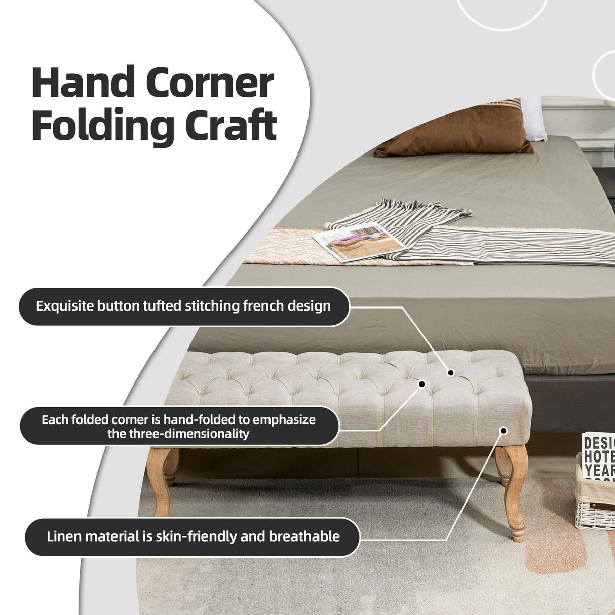 ECOTOUGE French Vintage Button-Tufted Upholstered Entryway Bench, Linen Fabric Accent Bench with Distressed Wood Legs for Living Room, Foyer, Dining Room, Beige ECOTOUGE