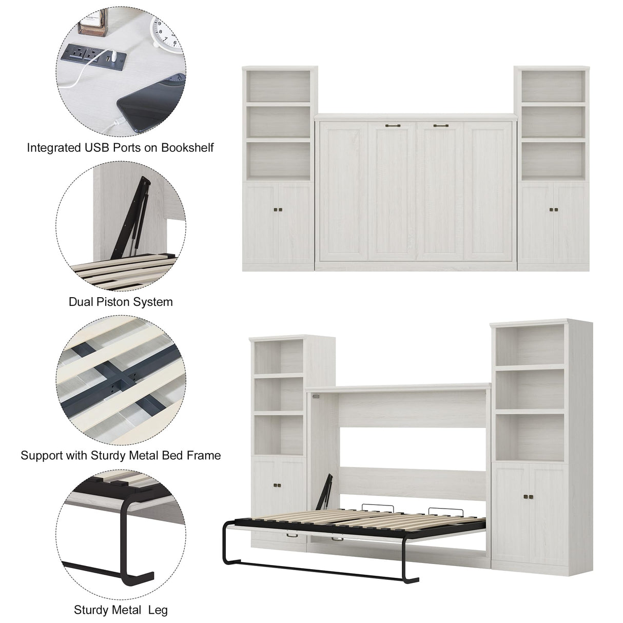 Merax Twin Size Murphy Bed Wall Bed, Folding into a Cabinet, Space Saving Bedroom Furniture for Multipurpose Guest Room, Home Office, Rustic White Merax