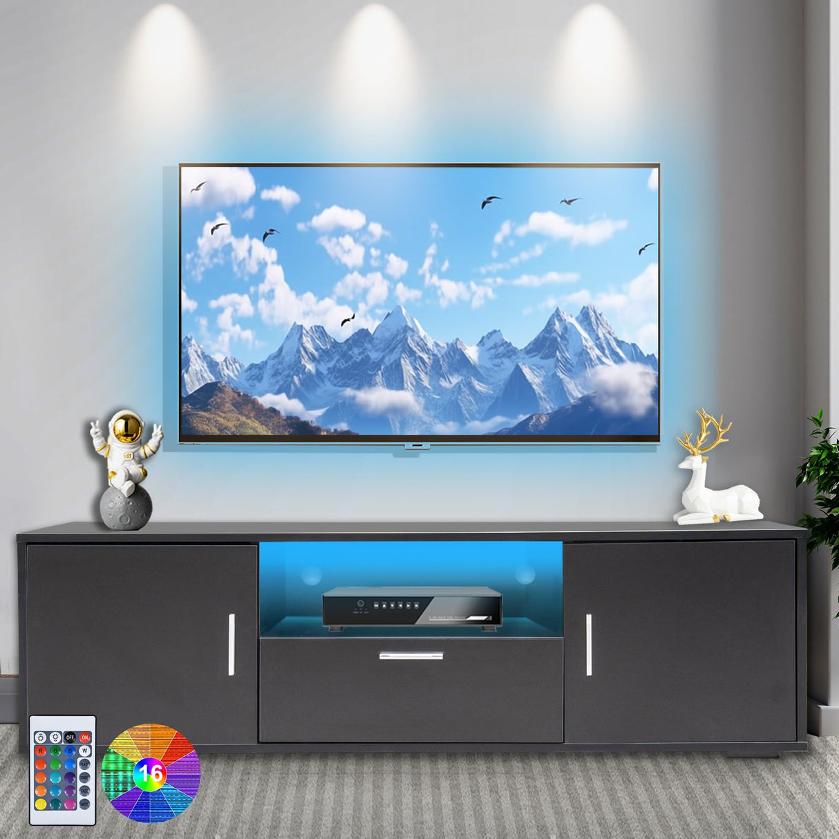 SPRKLINLIN Modern LED TV Stand for 55 Inch TV, Entertainment Center with 4 Storage Drawer and Open Shelves, TV Console Table for Living Room, Bedroom (Black, 55 inch) SPRKLINLIN