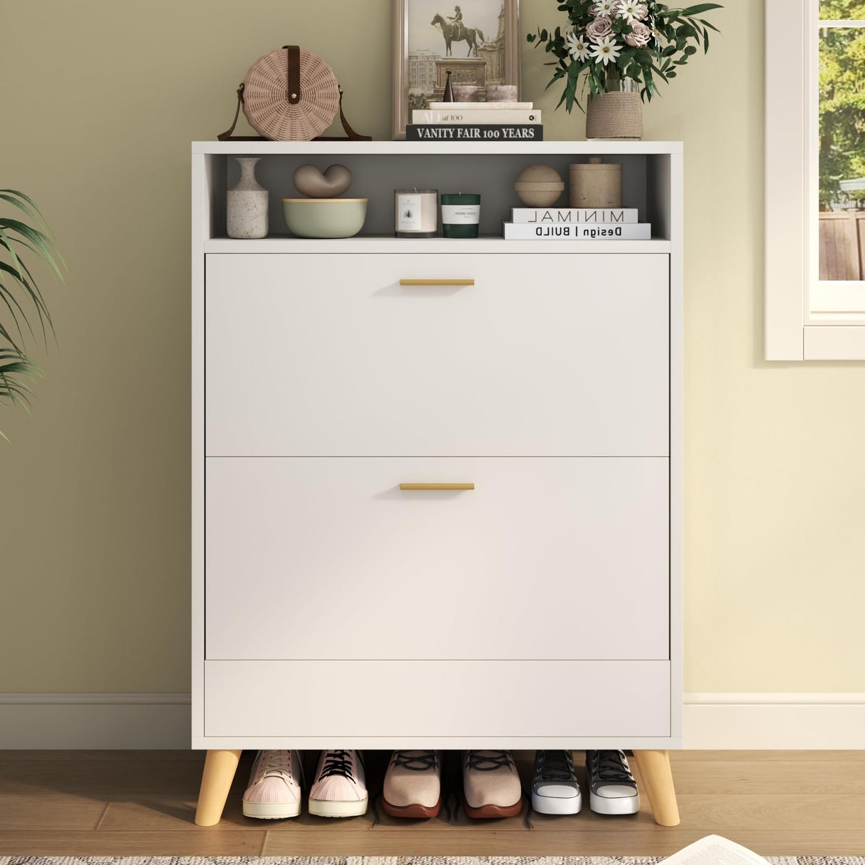 Gyfimoie Entryway Shoe Storage Cabinet with 2 Flip Drawers, FreestandingShoe Organizer for Entryway, Narrow Shoe Rack Cabinet (White) Gyfimoie