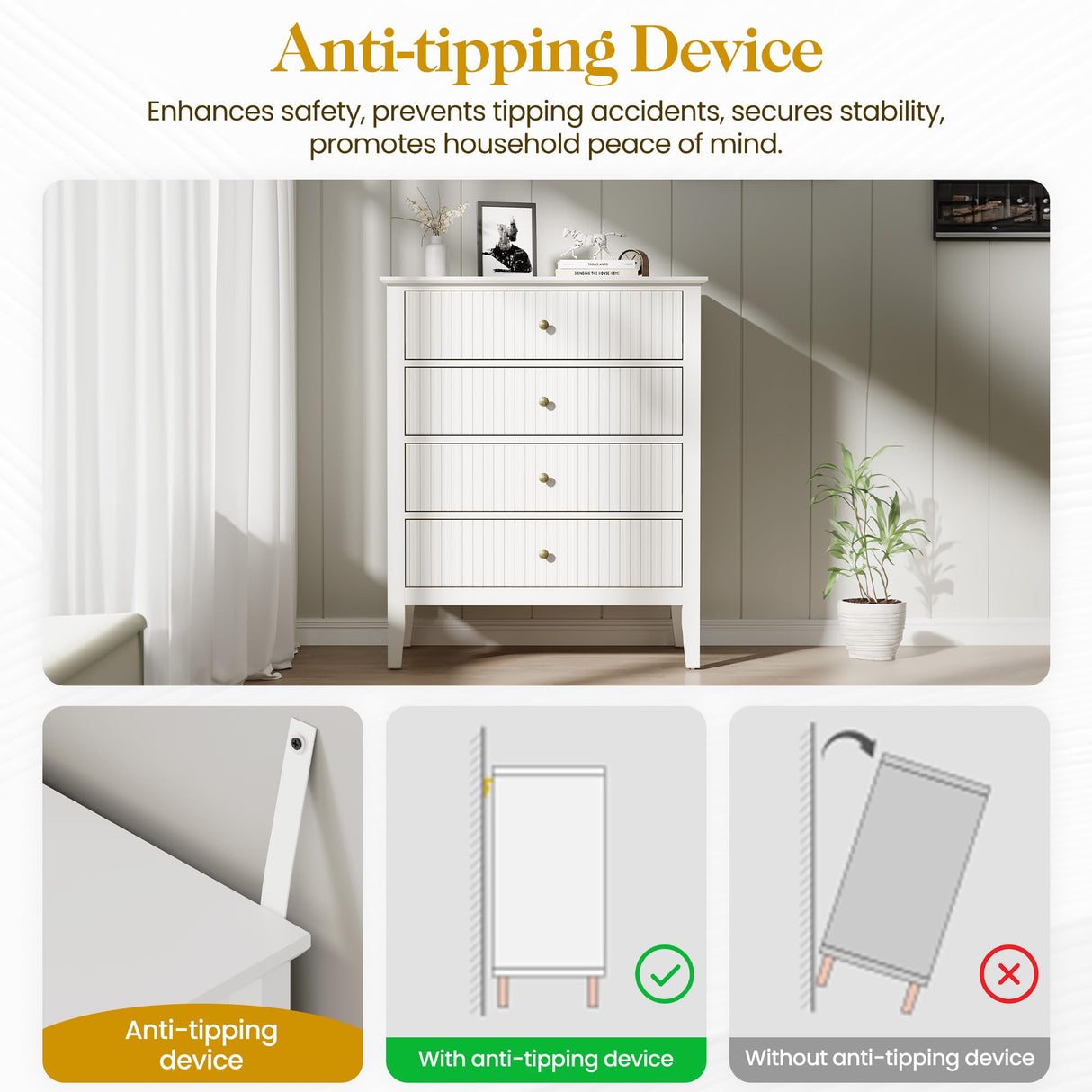 RoyalCraft White Fluted 4 Drawer Dresser for Bedroom, Modern Chest of Drawers, Wood Dresser for Storage Clothes, Wooden Storage Cabinet Nightstand for Bedroom, Hallway, Living Room, Entryway RoyalCraft