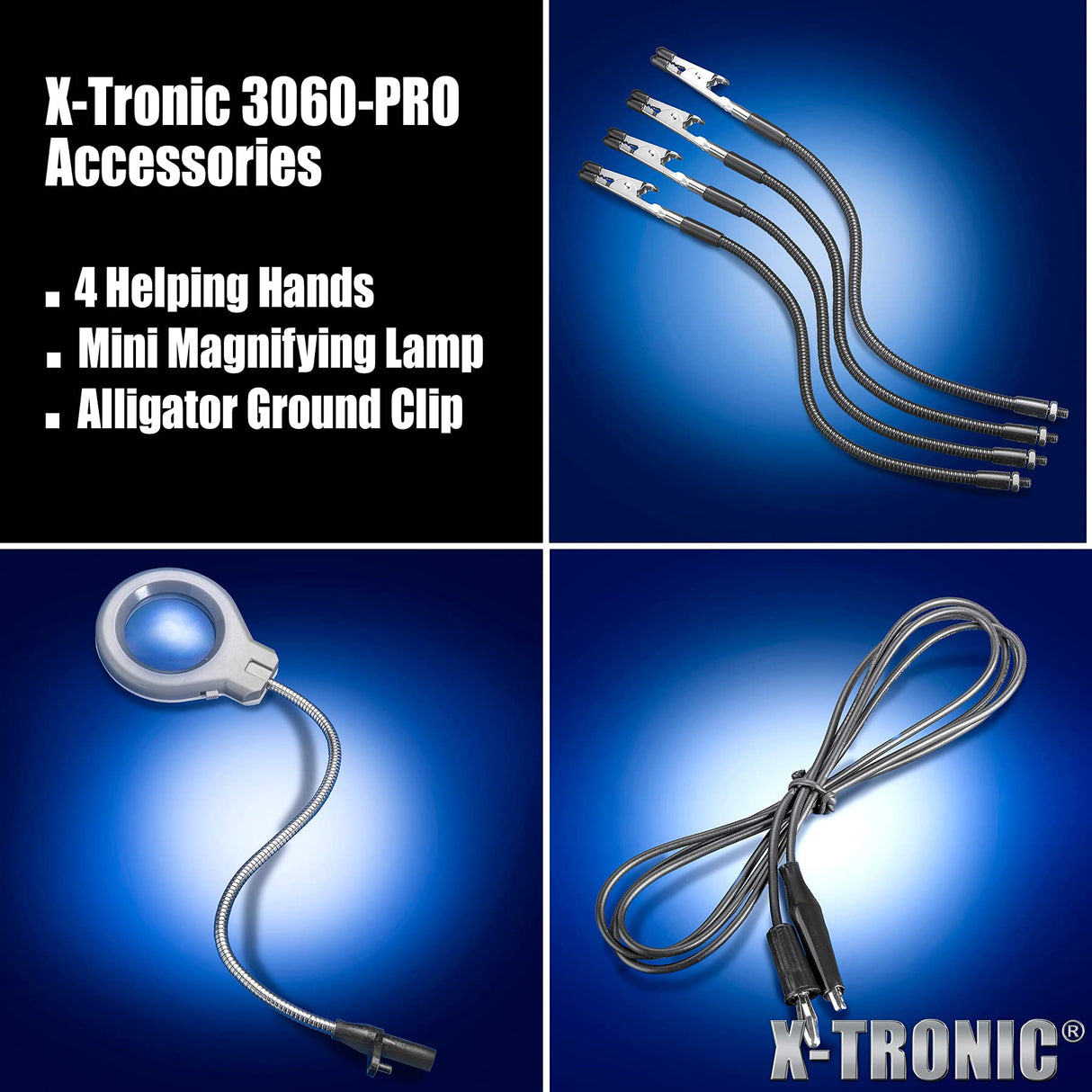 X-Tronic 3060-PRO • 75W Soldering Iron Station Kit • 5 Extra Tips • Mini Mag Lamp • 4 Helping Hands • Solder Sucker • Tweezers • 50g Solder • Brass Sponge w/Flux • Sleep Func, °C/°F, 3 Temp Presets! X-TRONIC