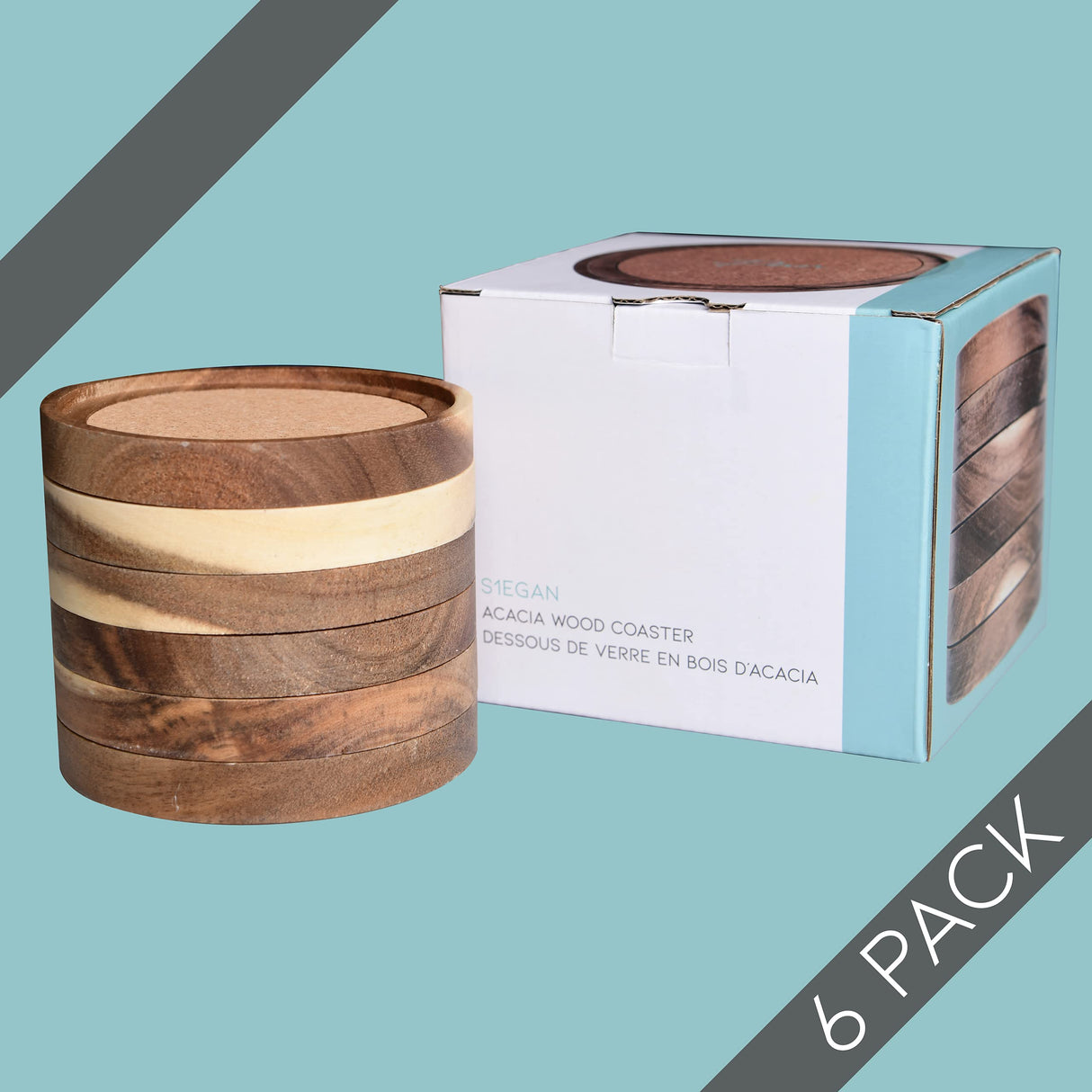 Acacia Wood Coasters for Drinks, 4.13 Inch, Set of 6, Absorbent and Insulation Cork Stackable Cup Holders, Rustic Coasters for Wooden Table, Designed by S1EGAN S1EGAN