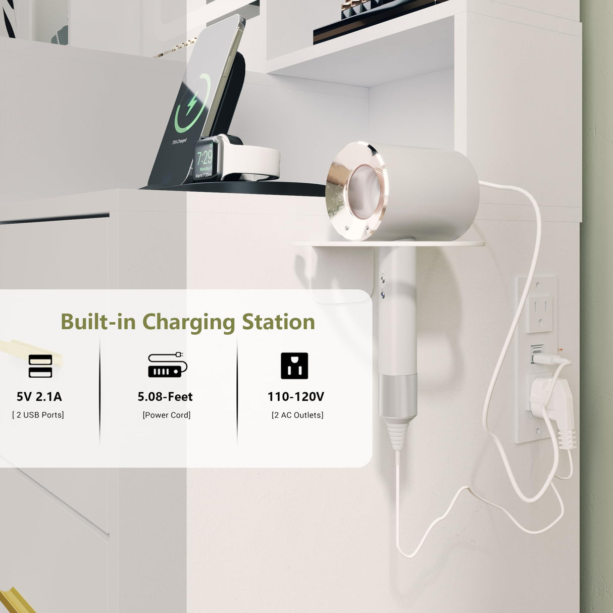 BORNOON Makeup Vanity with LED Light Strip Mirror and Chair, 7 Drawers & 2 RGB Cabinets White Vanity Makeup Desk with Power Strip, Adjustable LED Lighting, and Cushioned Stool for Women, Girls, Teens BORNOON