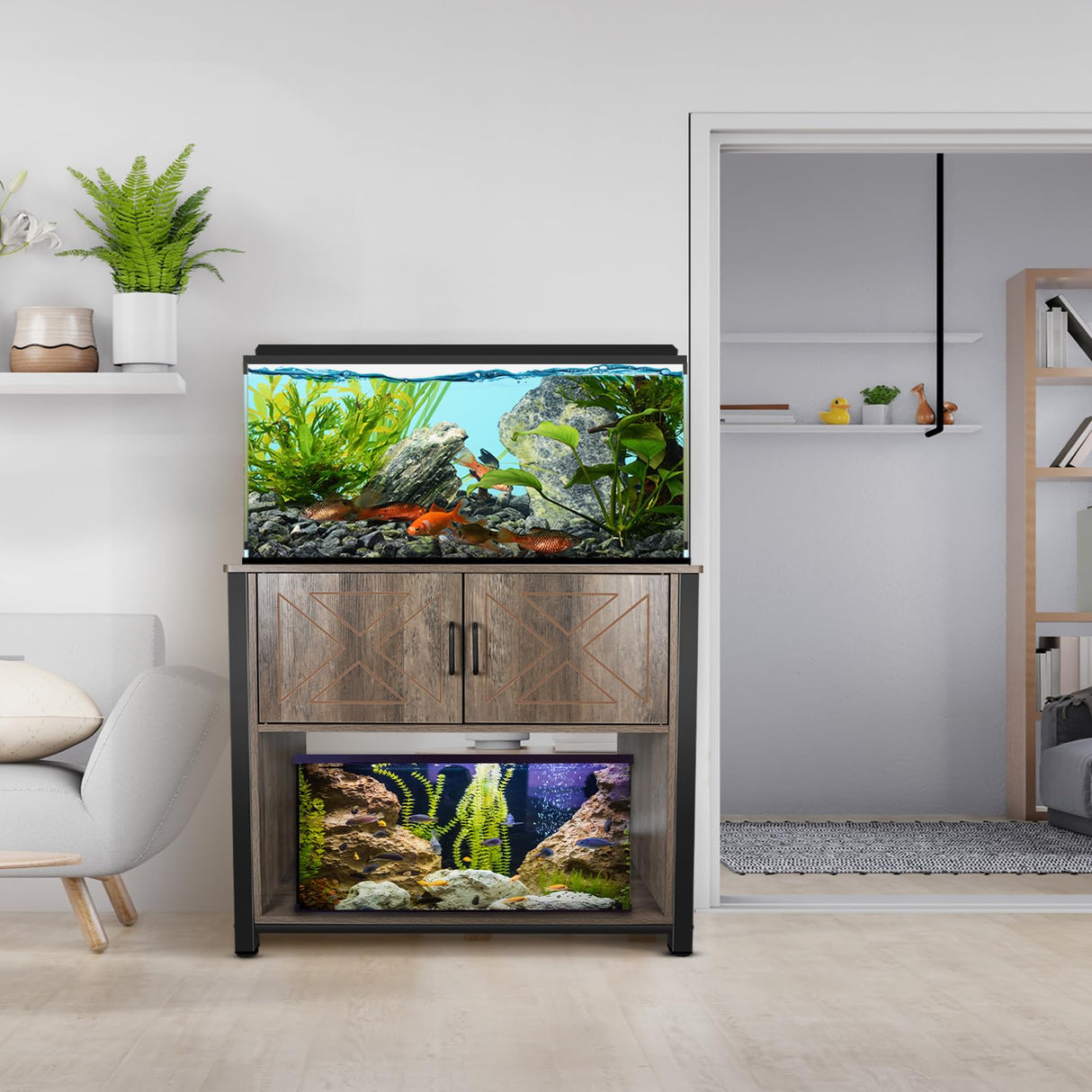 BEURUKU 40 Gallon Tank Stand with Cabinet and Power Outlets, Heavy Duty Metal Aquarium Stand for 40-50 Gallon Breeder Tank, Turtle Tank, Double Terrarium Stand, 660LBS Capacity, Grey BEURUKU