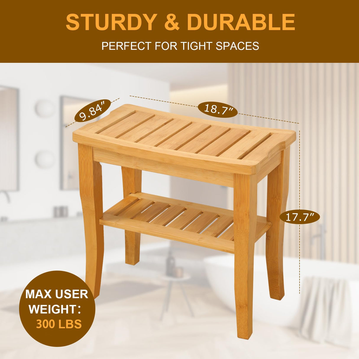 VVW Bamboo Shower Bench - Bathroom Bench Seat with Storage Shelf,19 Inch 2-Tier Wooden Spa Seat Bath Stool for Adults Women Elderly Seniors Wood Shower Chair for Bathtub or Small Spaces(Beige) VVW